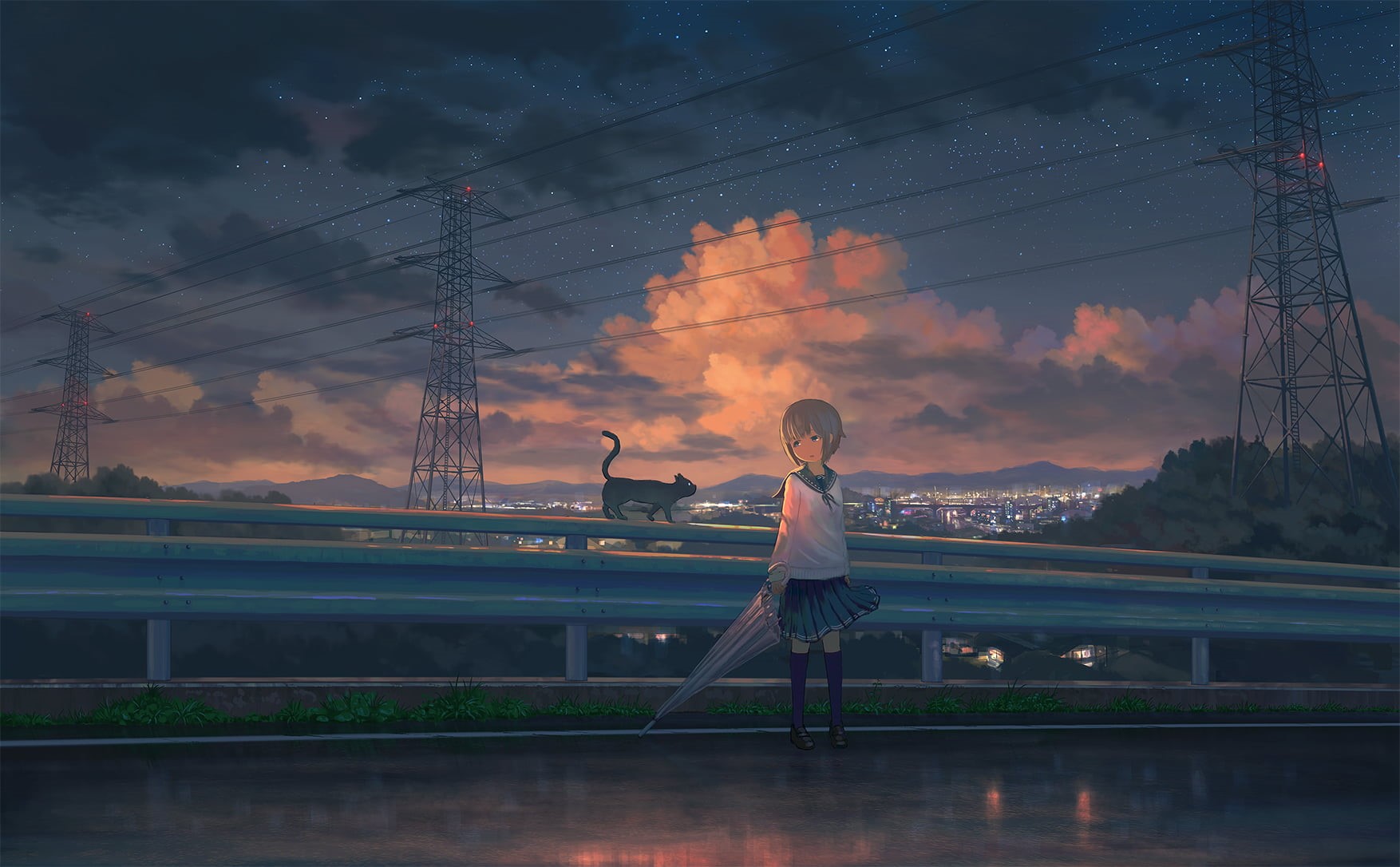 original characters, anime girls, moescape, clouds, sky, school uniform, reflection, 720P, umbrella, night, landscape, black cats, HD Wallpaper