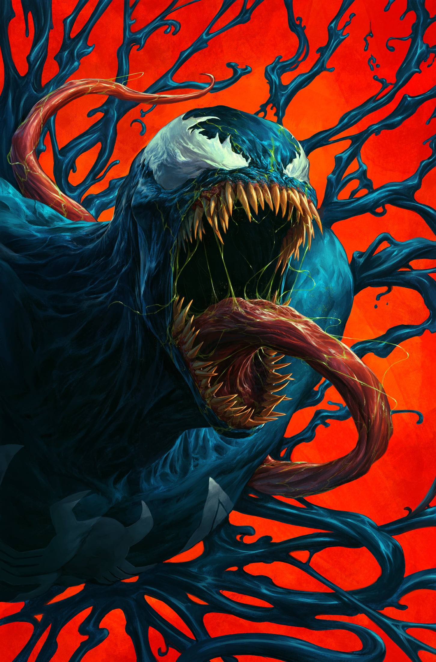 teeth, Symbiote, tentacles, tongue out, eddie brock, Venom, 1080P, orange background, Phone HD Wallpaper