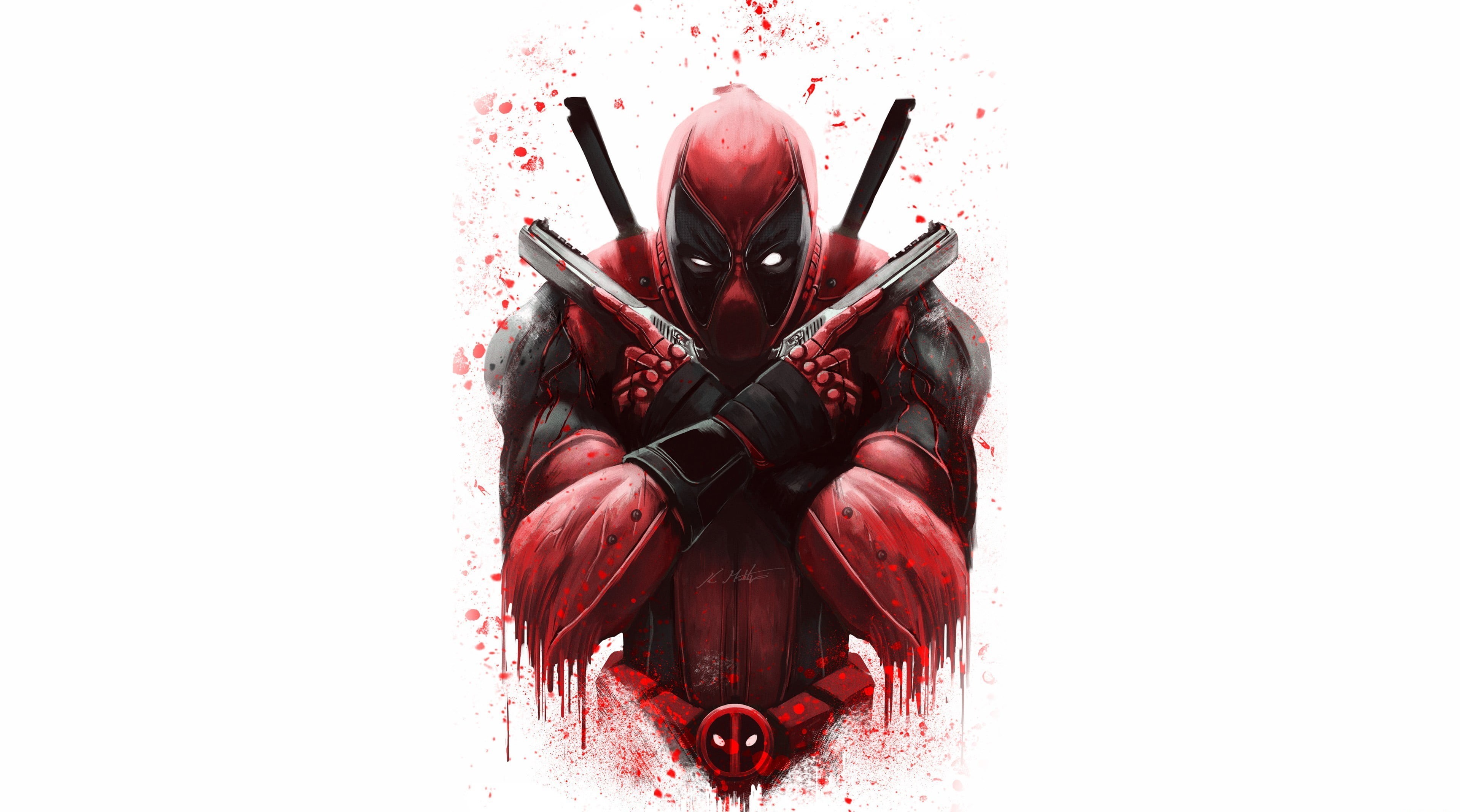 white background, Deadpool, gun, antiheroes, simple background, 2K, HD Wallpaper