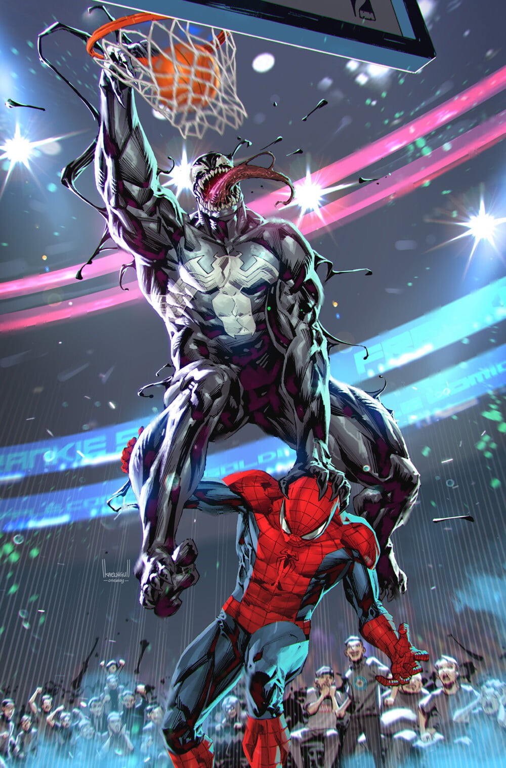 comic art, superhero, Spider-Man, Venom, Kael Ngu, ArtStation, antiheroes, basketball, hero, artwork, balls, 720P, Phone HD Wallpaper