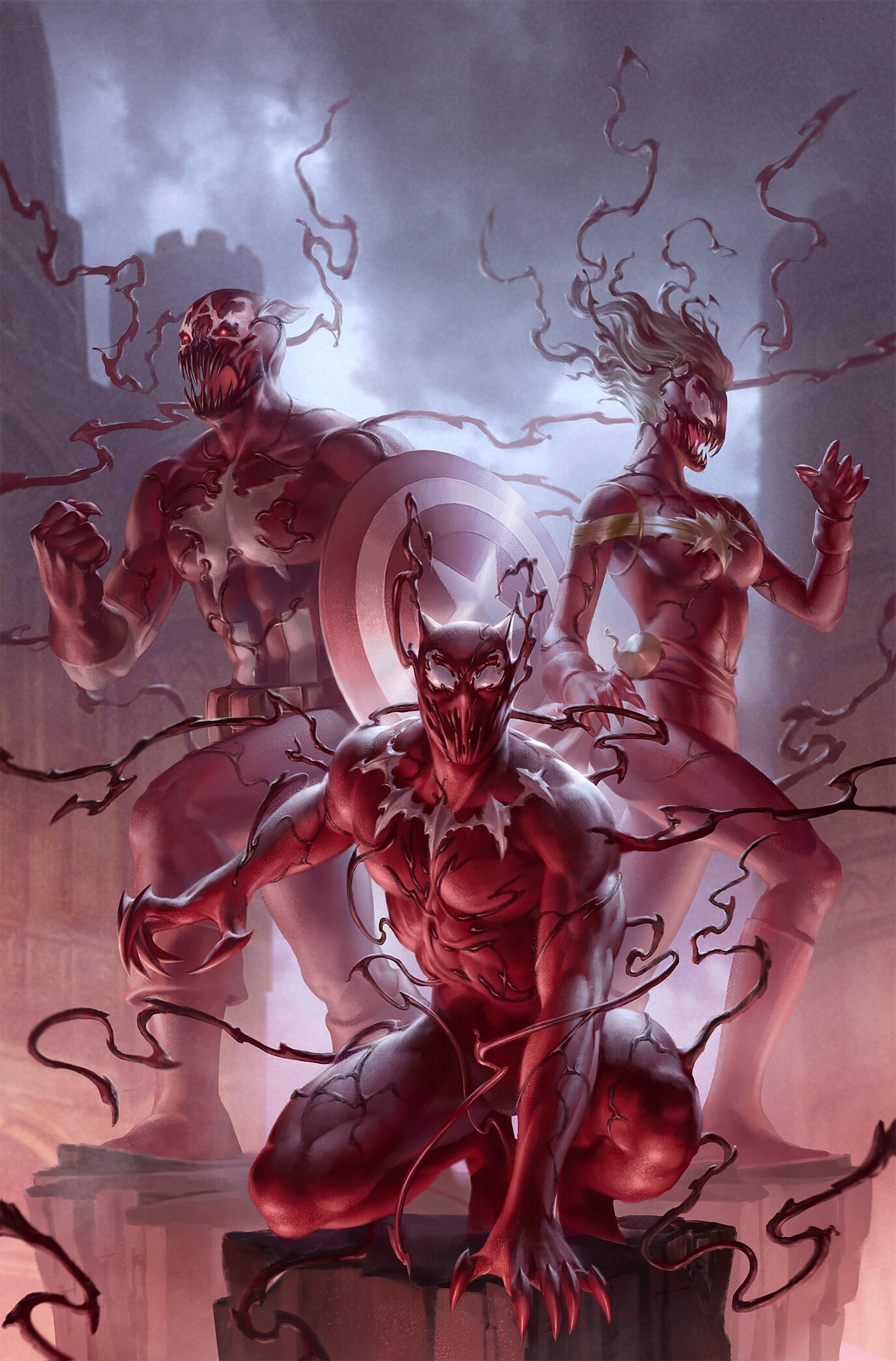 Marvel Comics, 1080P, Captain America, Carnage, women, Miss Marvel, Black Panther, Symbiote, men, Junggeun Yoon, Phone HD Wallpaper