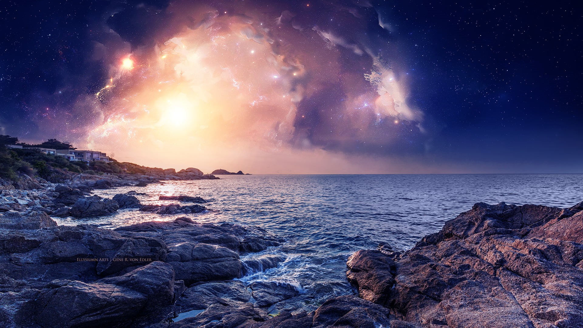 dreamscape, digital art, nebula, 1080P, waterscape, Ellysiumn, HD Wallpaper