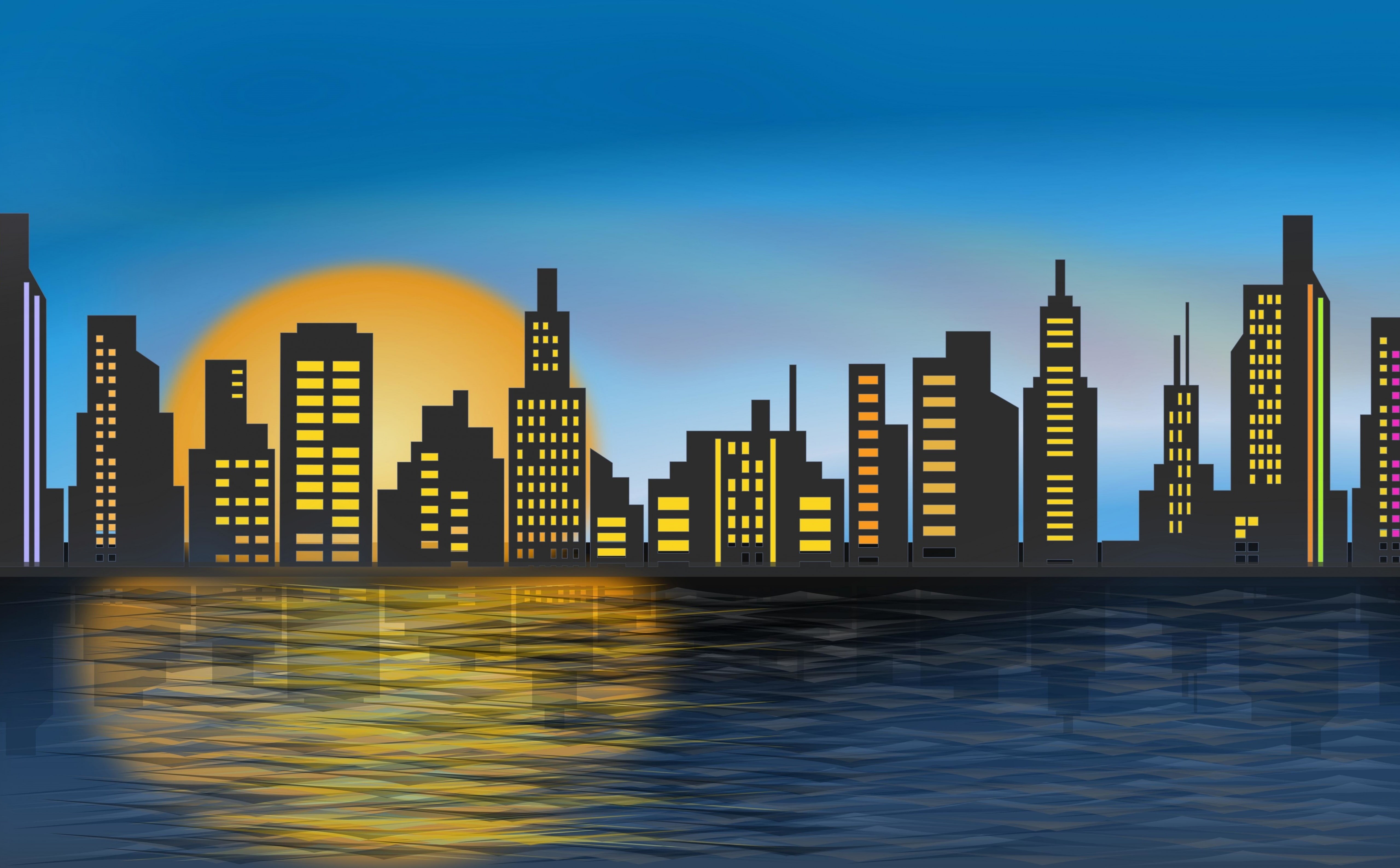building exterior, illuminated, blue, dusk, sunset, water, nature, office building exterior, no people, river, modern, architecture, built structure, skyscraper, HD Wallpaper