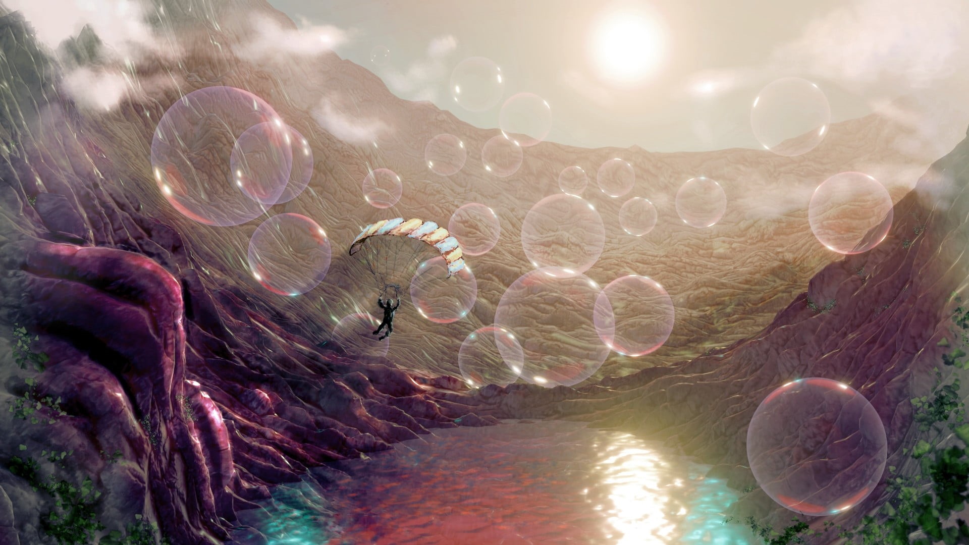 fantasy, nature, summer, lens flare, Dreamscape, luminos, tranquility, fragility, rock, mark van cooten, bubble, dream, outdoors, purple, vulnerability, HD Wallpaper