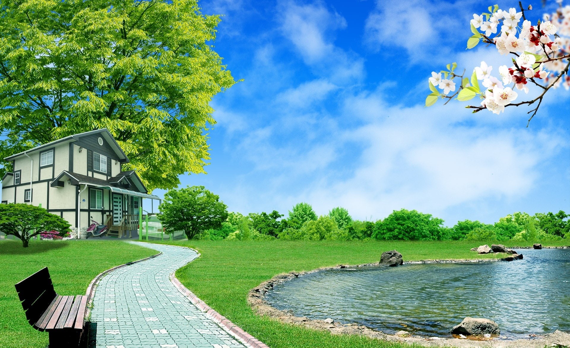 wooden, park, cloud - sky, water, growth, Seasons, no people, 1080P, sky, flower, scenics - nature, flowering plant, day, brown, building exterior, plant, HD Wallpaper