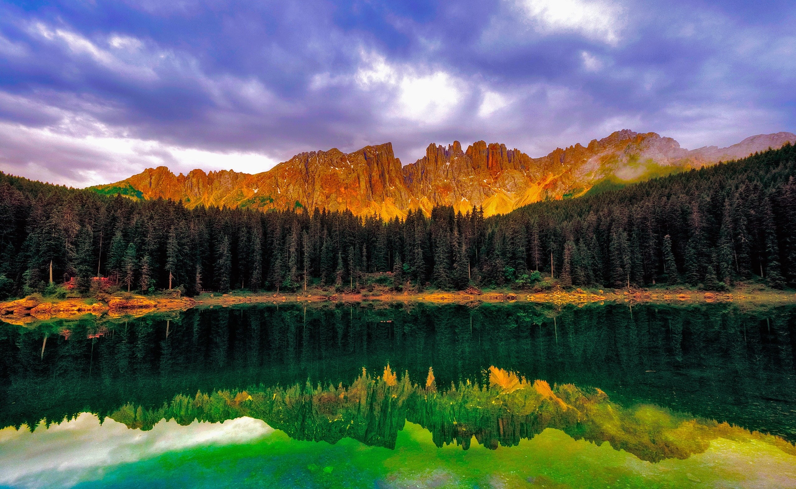 Mountain, dreamscape, tranquil scene, landscape, plant, Lakes, woodland, mountain range, evergreen tree, Lake, 2K, land, no people, Nature, tranquility, HD Wallpaper