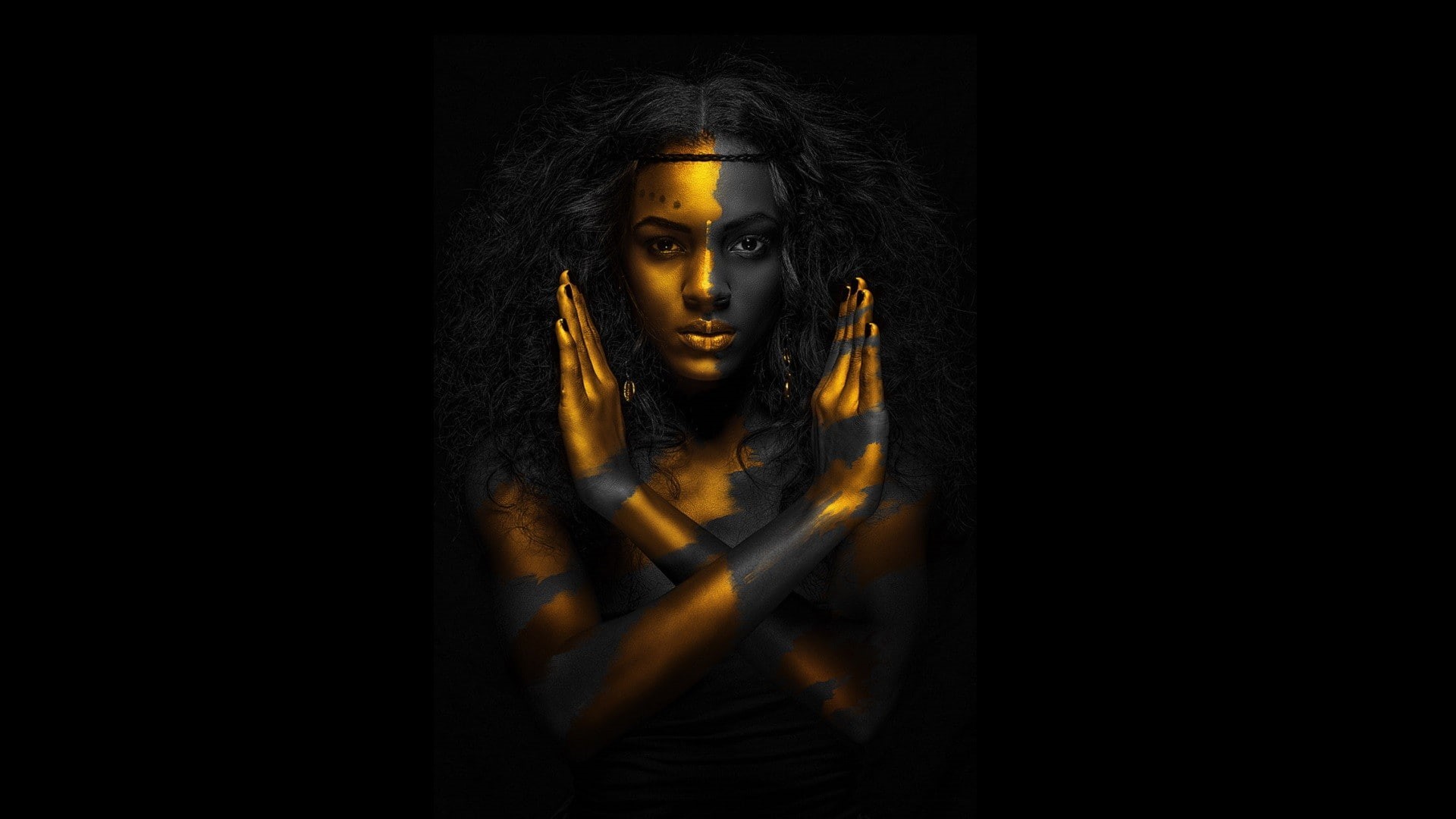 copy space, black color, 1080P, dark, model, face, looking at camera, front view, witch, contemplation, beautiful woman, young adult, black, adult, emotion, HD Wallpaper