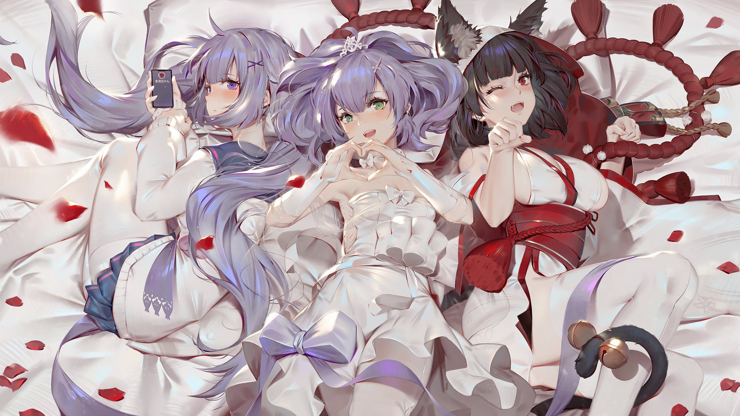 Chika Toriumi, Yamashiro (Azur Lane), drawing, green eyes, smiling, blushing, artwork, white dress, winking, wedding dress, lying on back, cat girl, bell, HD Wallpaper