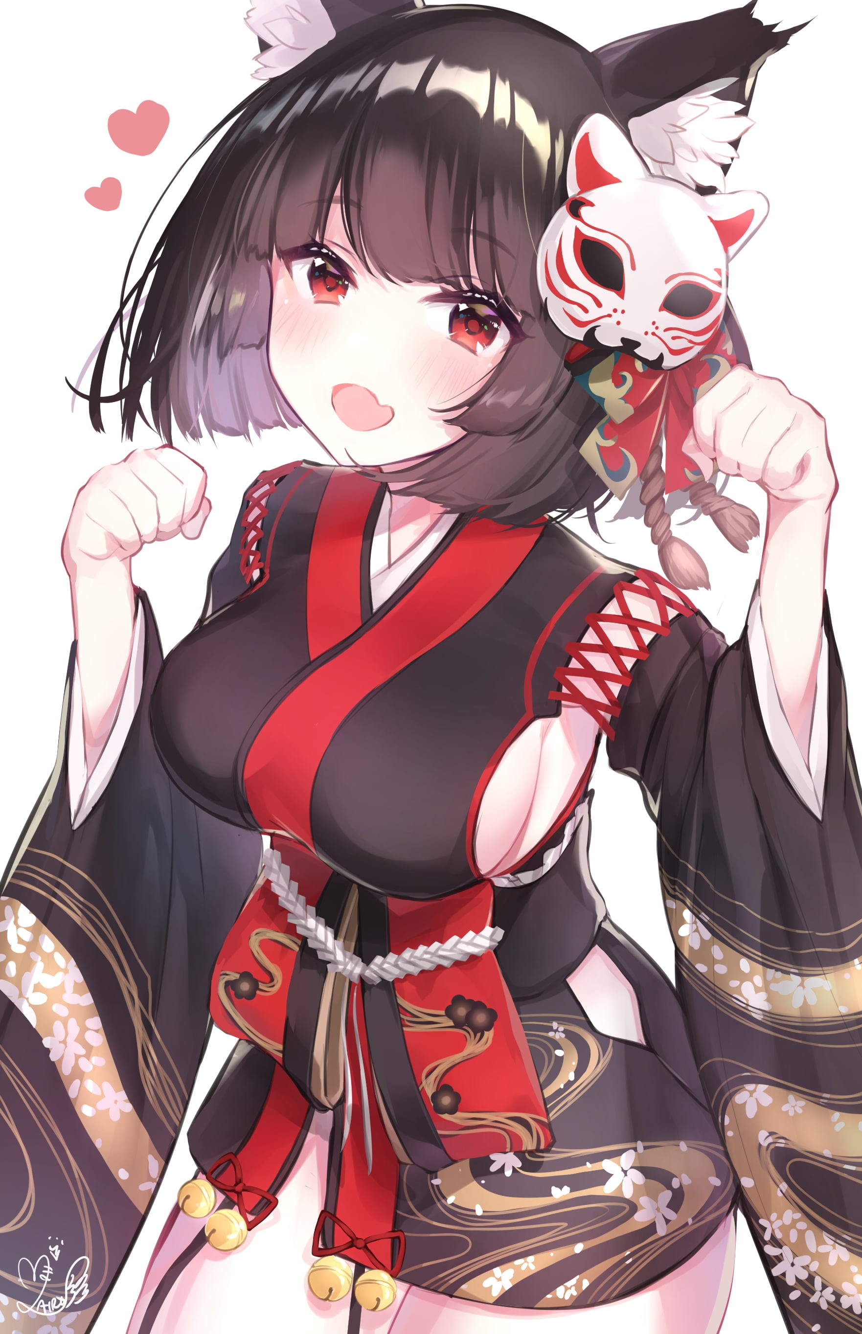 short hair, 2D, video games, blushing, Heart (Design), kimono, white background, drawing, dark hair, anime girls, Yamashiro (Azur Lane), Azur Lane, women, Phone HD Wallpaper
