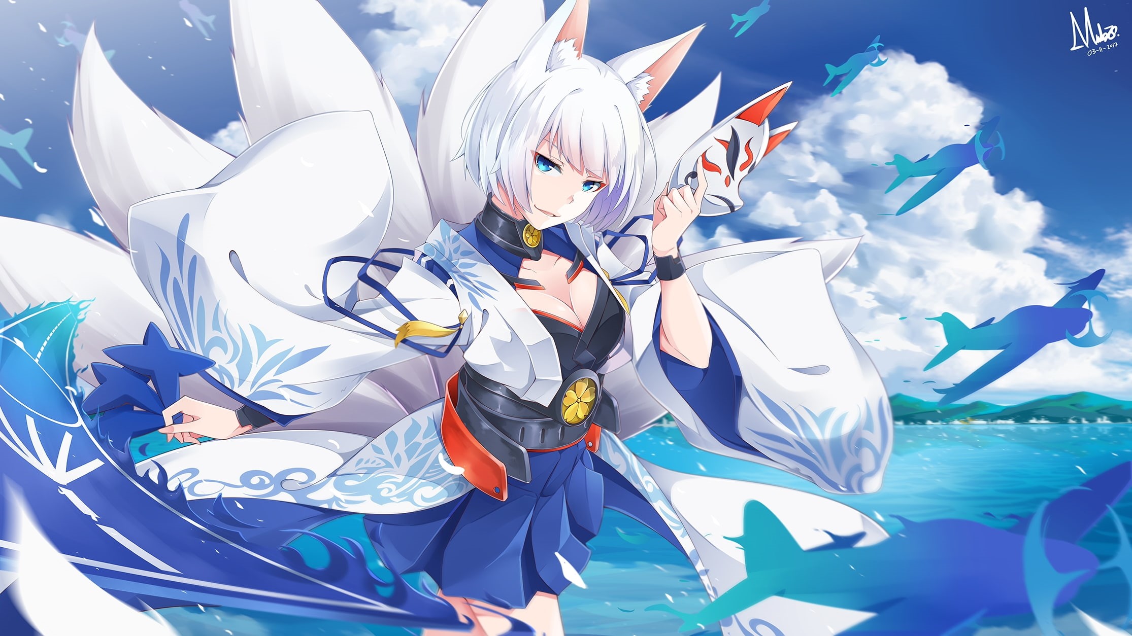 men, tails, Anime, kaga, boys, cloud - sky, fox girl, animal ears, leisure activity, azur lane, one person, three quarter length, representation, child, HD Wallpaper