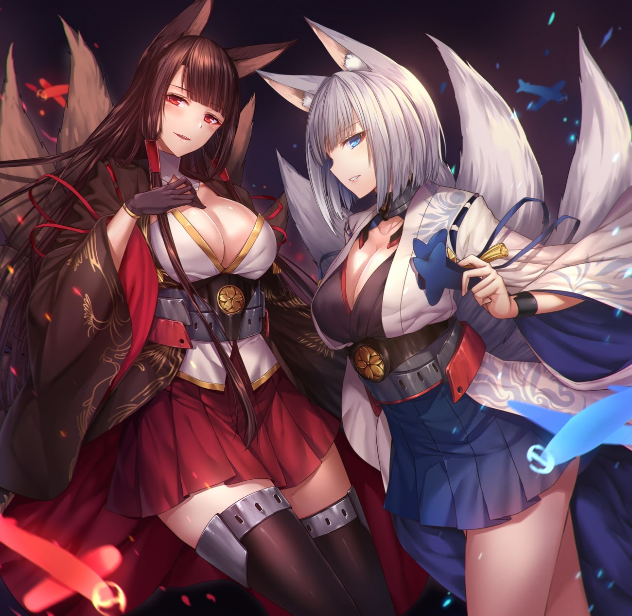 Kaga (Bilan Hangxian), Kaga (Azurlane), Akagi (Bilan Hangxian), thigh-highs, tail, 720P, cleavage, Akagi (Azur Lane), animal ears, fox girl, HD Wallpaper