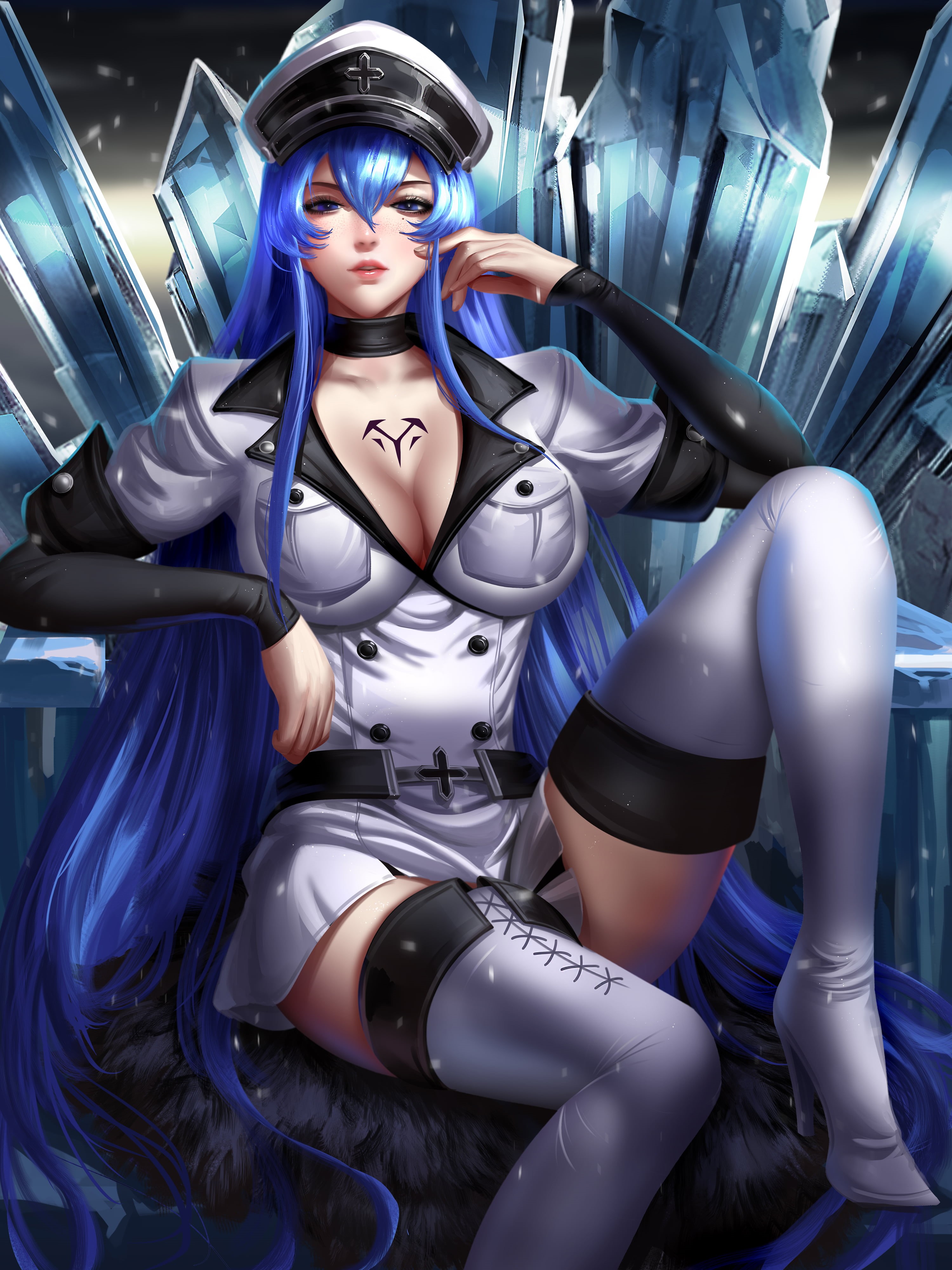 Esdeath (Akame Ga Kill!), illustration, tattoo, fan art, Liang-Xing, blue hair, Liang Xing, anime girls, digital art, 4K, long hair, Akame ga Kill!, looking at viewer, Phone HD Wallpaper