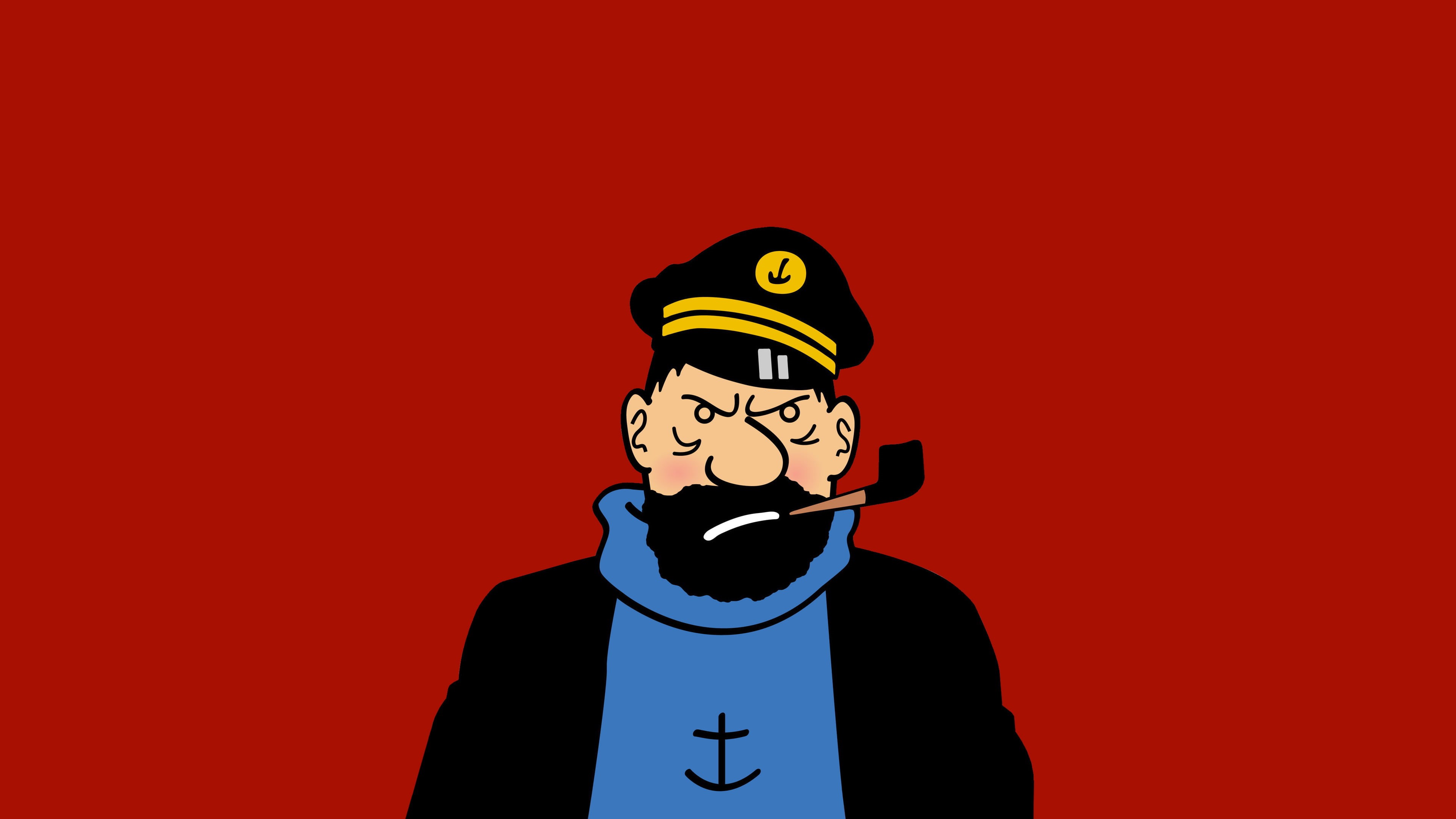 illustration, mask, comics, headshot, red, indoors, waist up, Herge, shirt, standing, one person, Captain Archibald Haddock, portrait, red background, colored background, HD Wallpaper