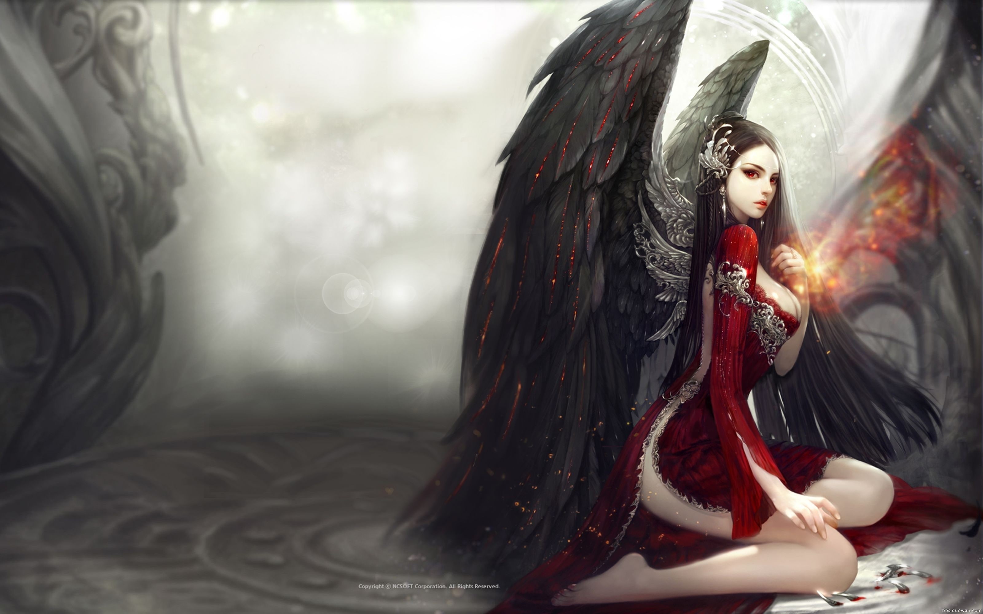red dress, Games, red eyes, fallen angel, aion online, 2K, dark wings, HD Wallpaper