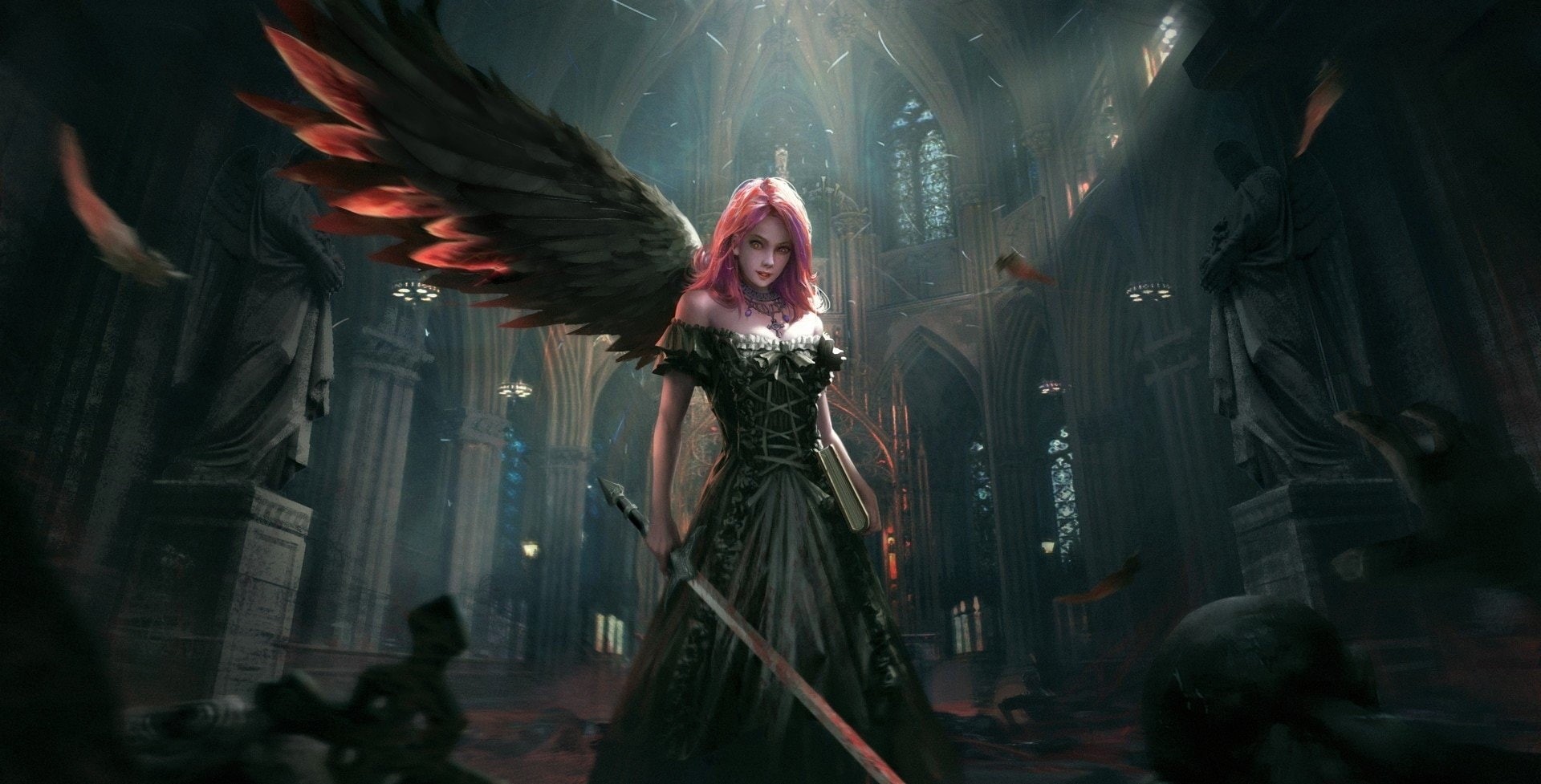arts culture and entertainment, evil, Pink Hair, Angel Warrior, waist up, young adult, Woman, mouth open, Sword, costume, spooky, witch, indoors, Fantasy, HD Wallpaper