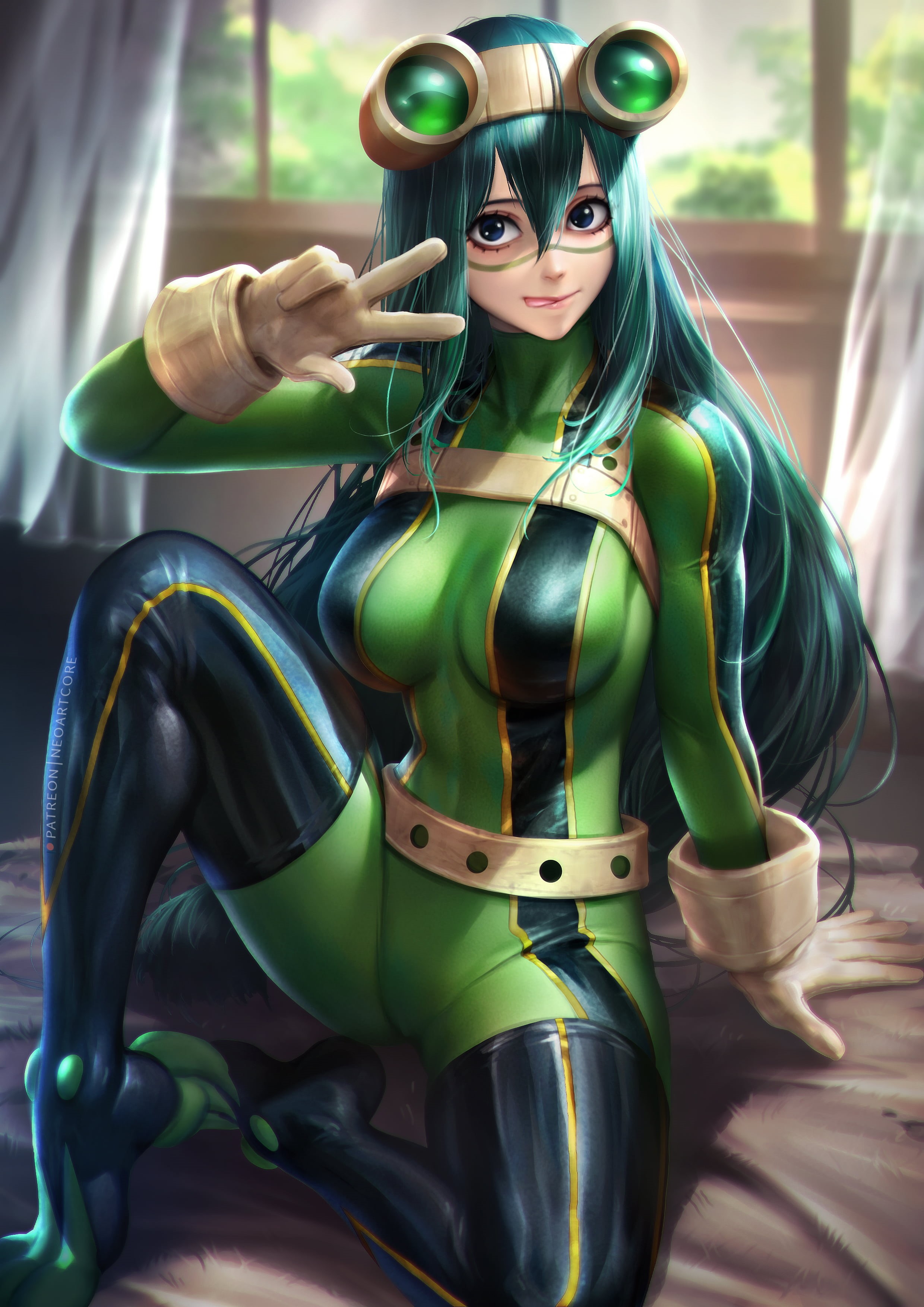 costumes, artwork, anime girls, anime, depth of field, digital art, fan art, dark hair, drawing, goggles, smiling, fantasy girl, 2K, My Hero Acadamia, Phone HD Wallpaper