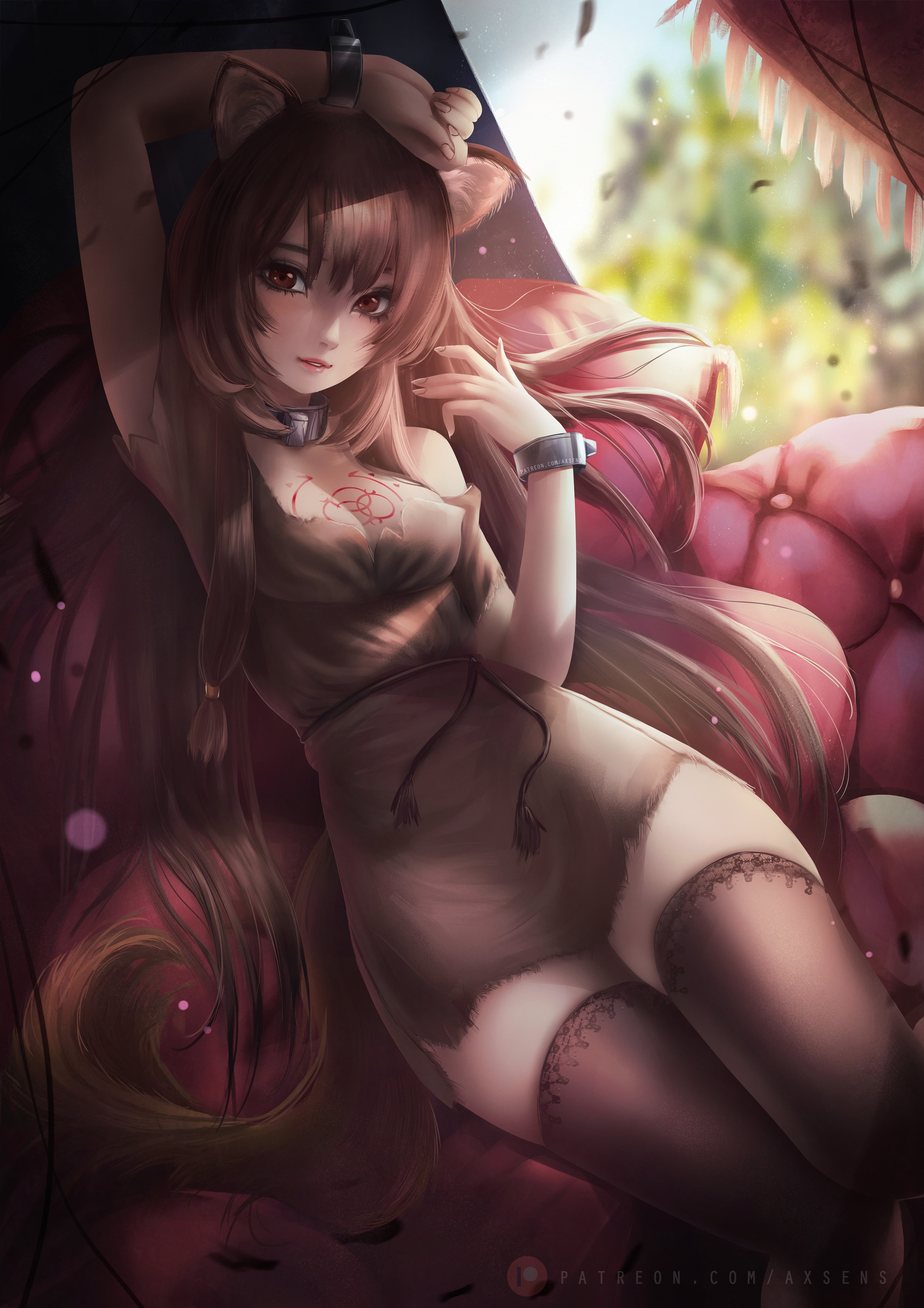4K, looking at viewer, anime girls, drawing, fan art, tattoo, anime, brunette, long hair, Tate no Yuusha no Nariagari, Raphtalia, illustration, digital art, Phone HD Wallpaper