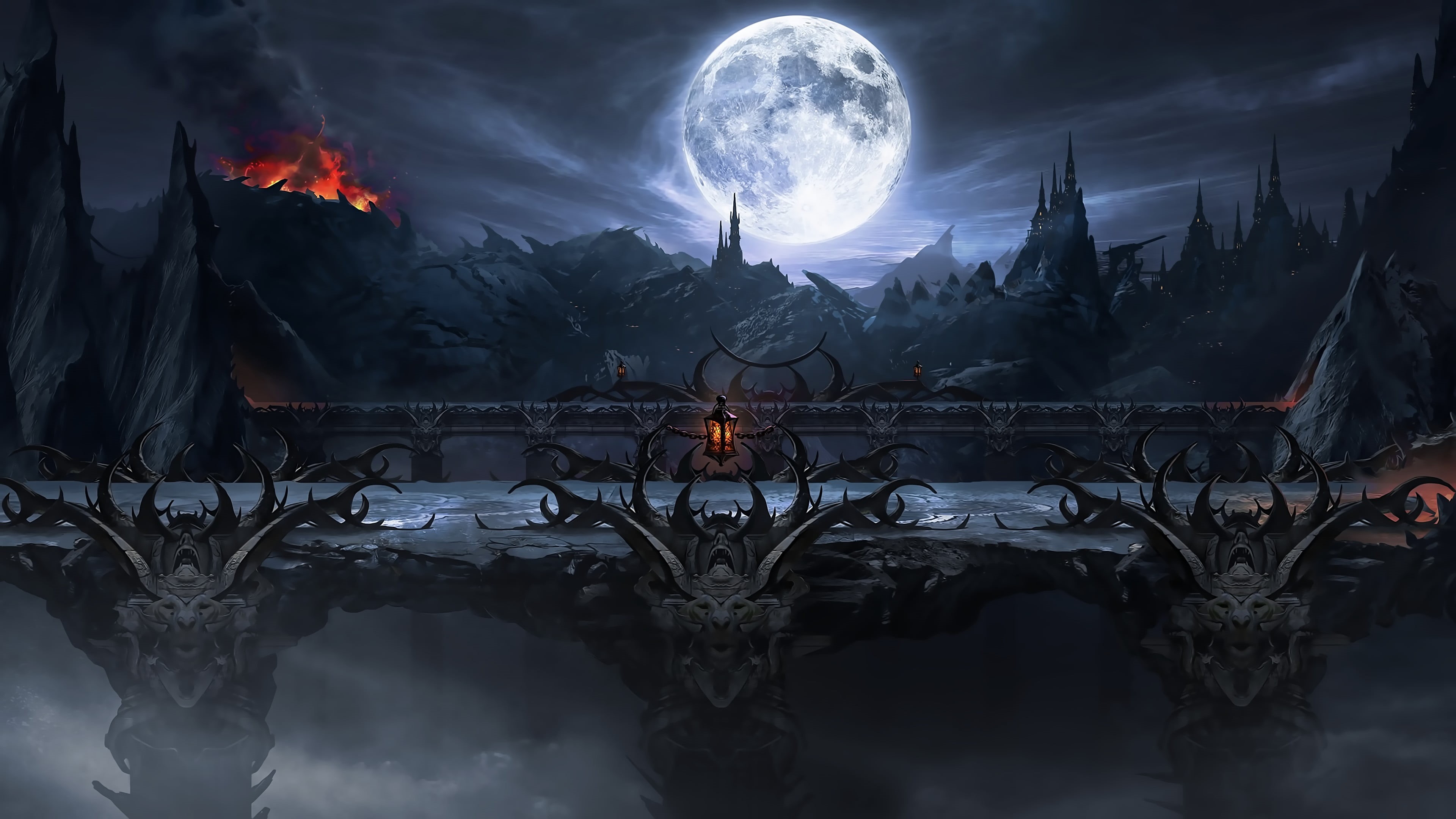 burning, 4K, cloud - sky, no people, sky, outdoors, architecture, Mortal Kombat, reflection, illuminated, nature, art and craft, Moon, painting, glowing, HD Wallpaper