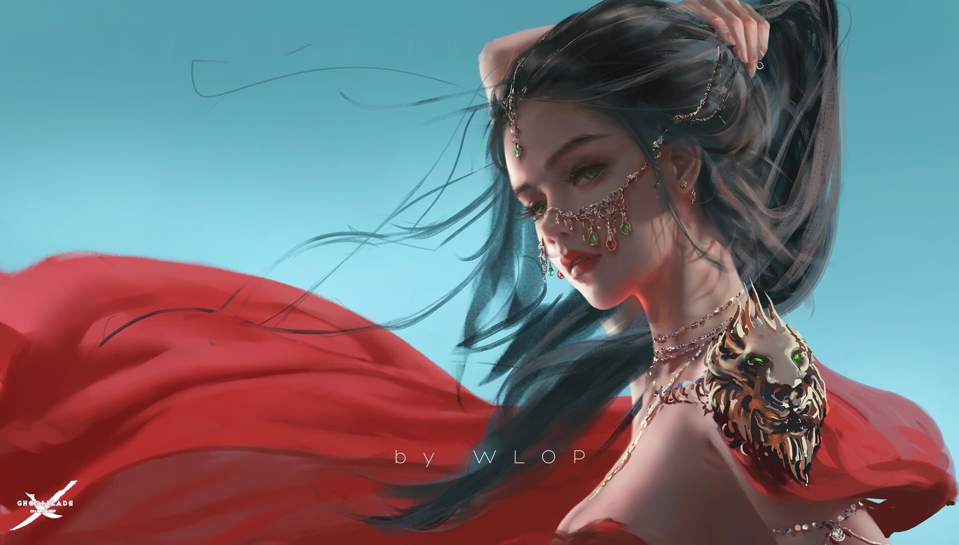 fantasy art, 1080P, digital art, girl, brunette, fantasy, Wlop, princess, fantasy girl, green eyes, Ghost blade, artwork, jewels, necklace, HD Wallpaper
