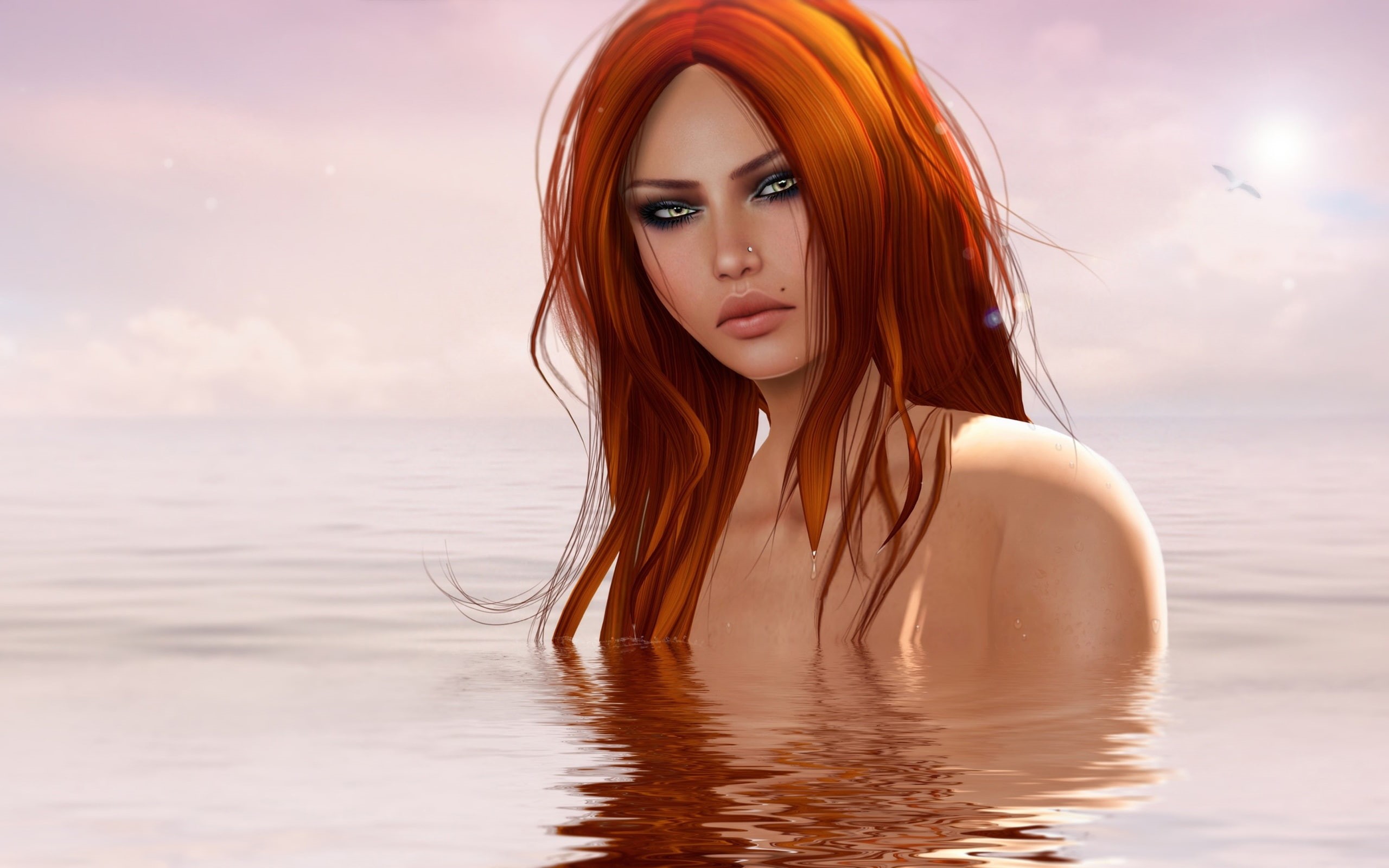 Red, Water, haired, woman, illustration, Girl, Fantasy, 2K, hair, magenta, HD Wallpaper