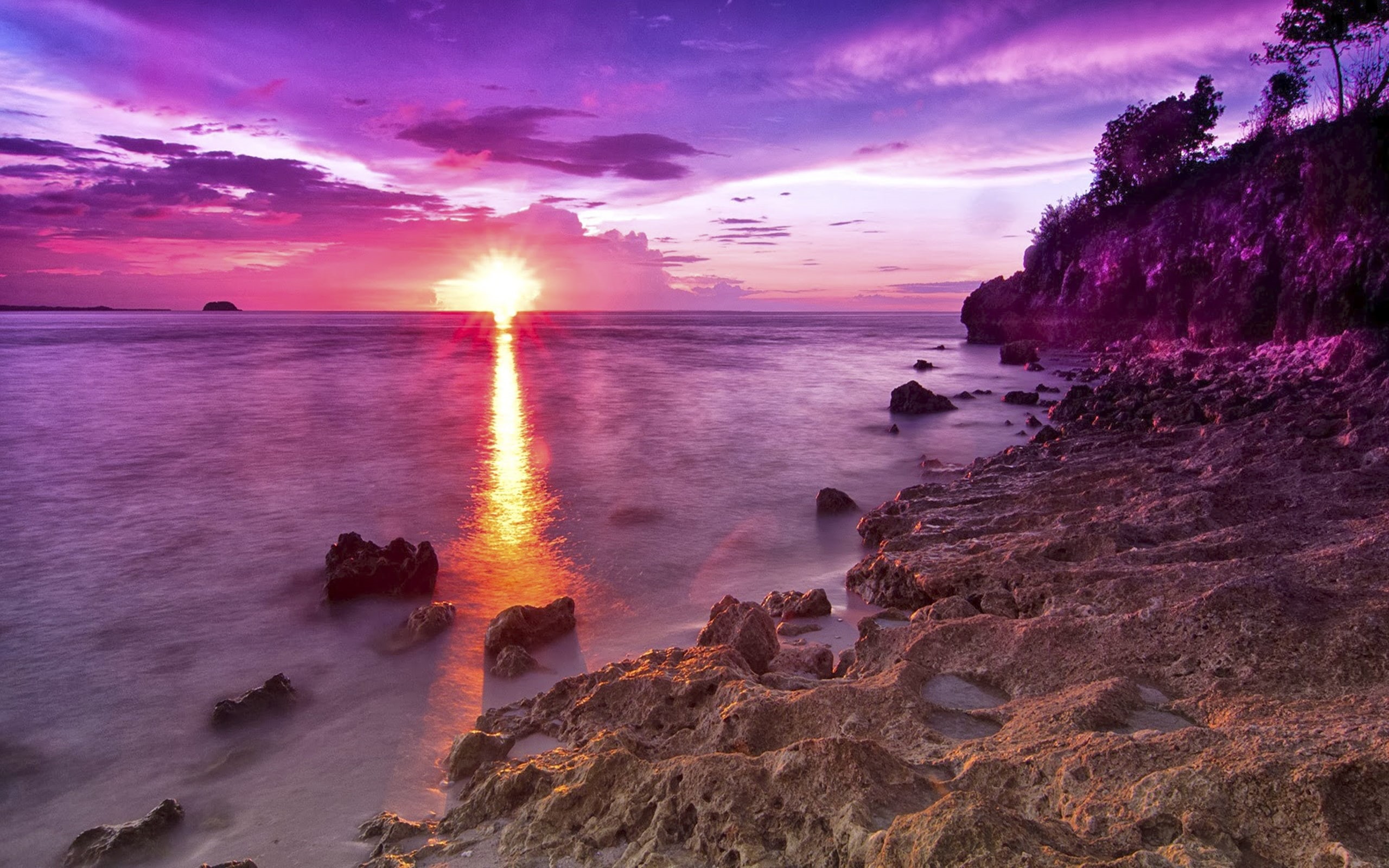 sunset, rocky, beach, hd, hdr, magenta, 2K, HD Wallpaper