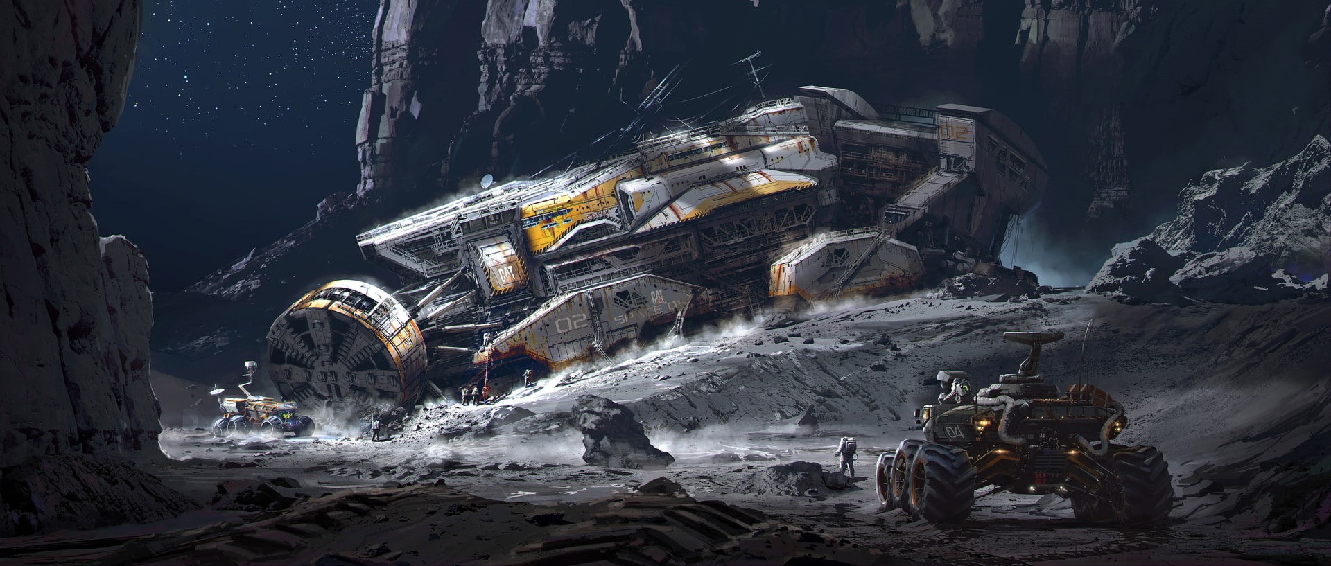 digital art, vehicle, robot, astronaut, science fiction, fantasy art, mountains, 1080P, space, HD Wallpaper