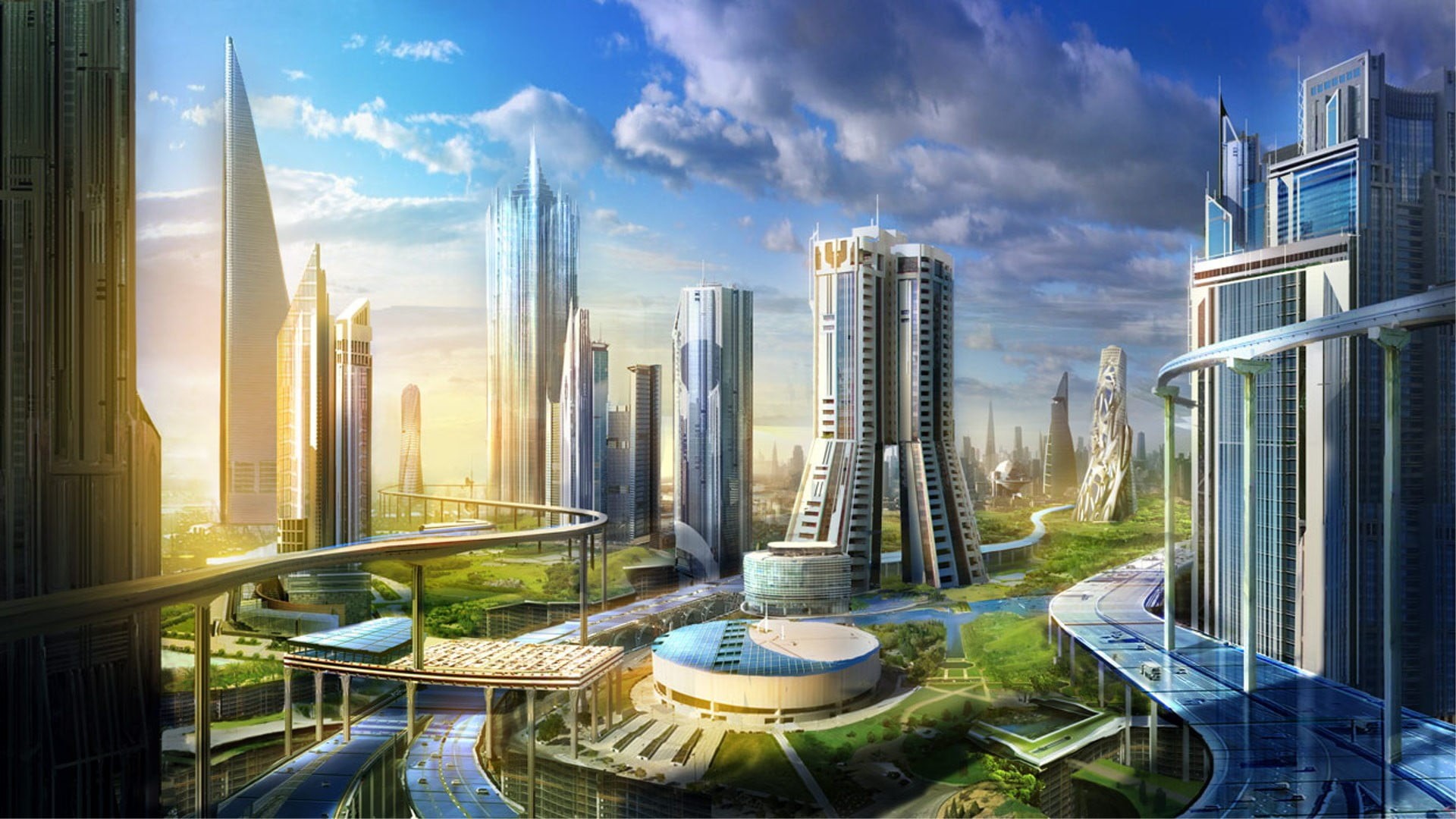 nature, science fiction, cityscape, city, built structure, futuristic, outdoors, digital, 1080P, tower, tall - high, apartment, no people, sunset, HD Wallpaper