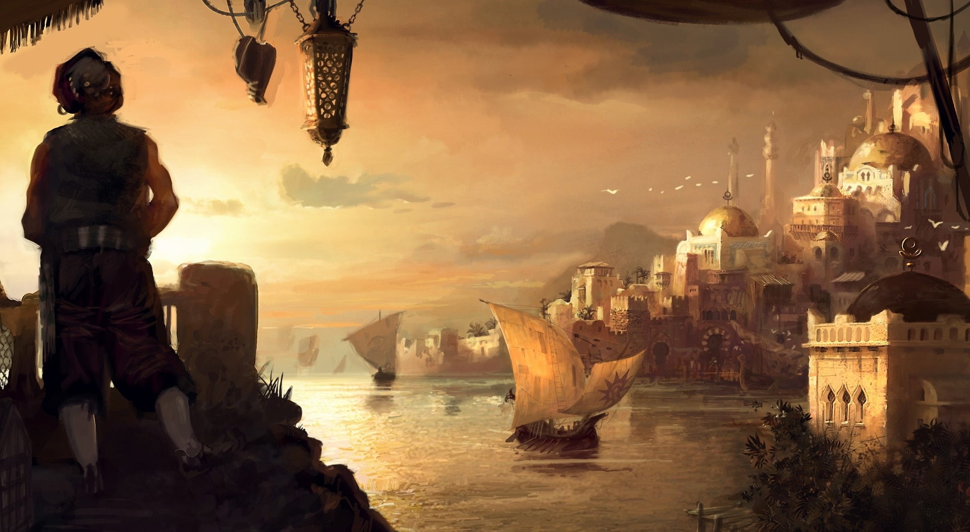 1080P, transportation, male likeness, water, Games, white, discovery, built structure, Artwork, Anno 1404, digital composite, building exterior, building, HD Wallpaper