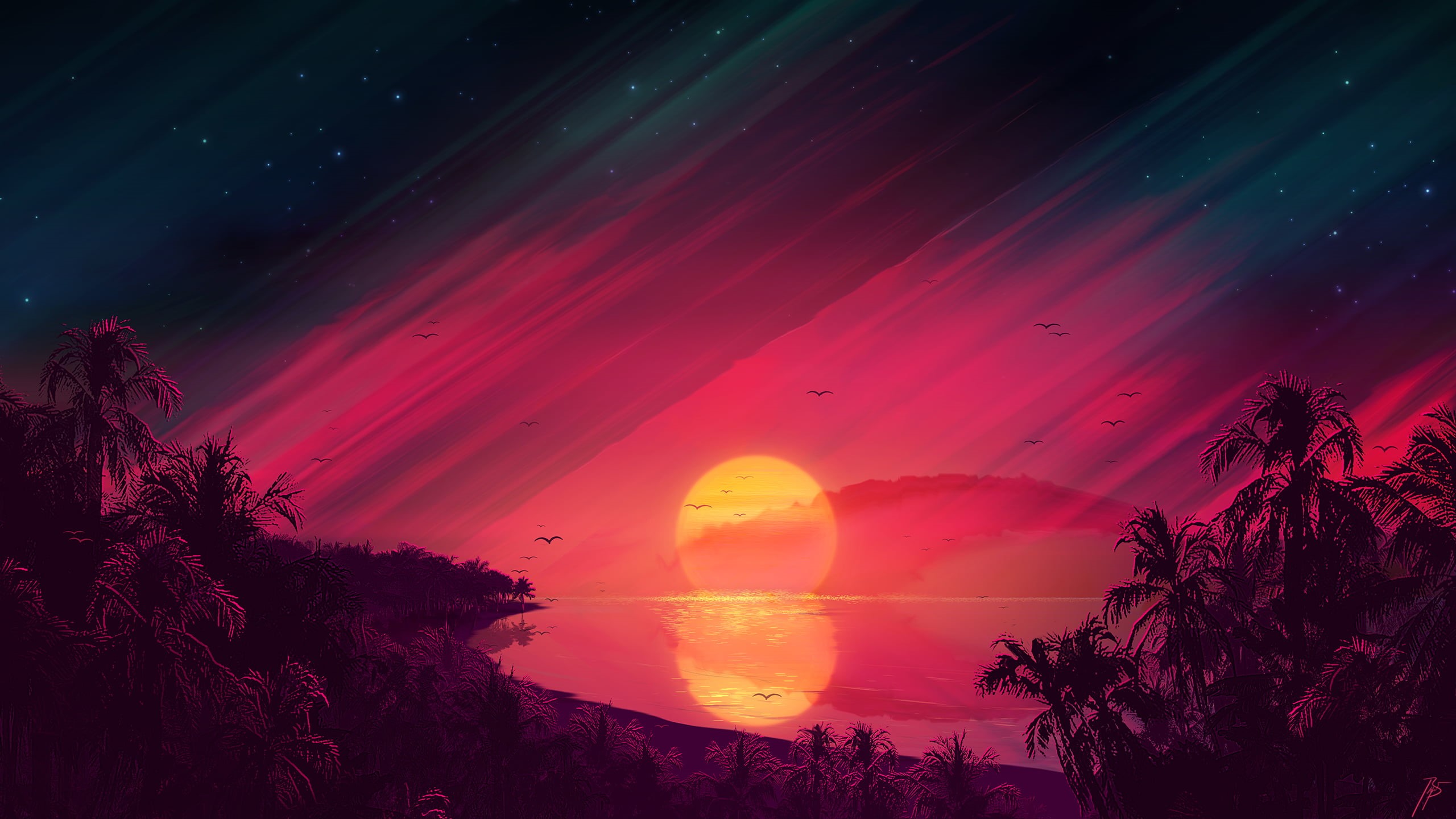 synthwave, JoeyJazz, beach, sunset, 2K, landscape, 1980s, HD Wallpaper