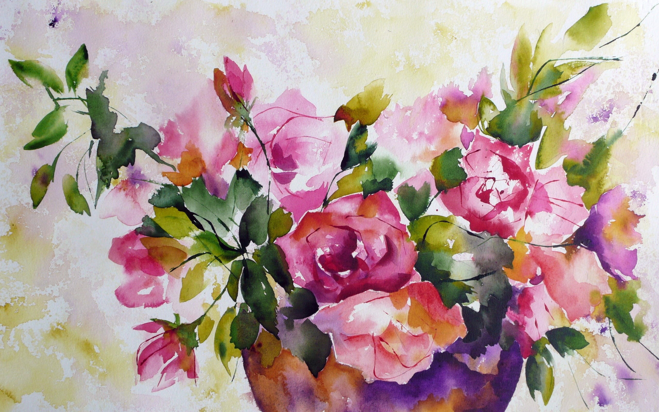 Painting, green, Watercolor, 2K, pink, Flowers, HD Wallpaper