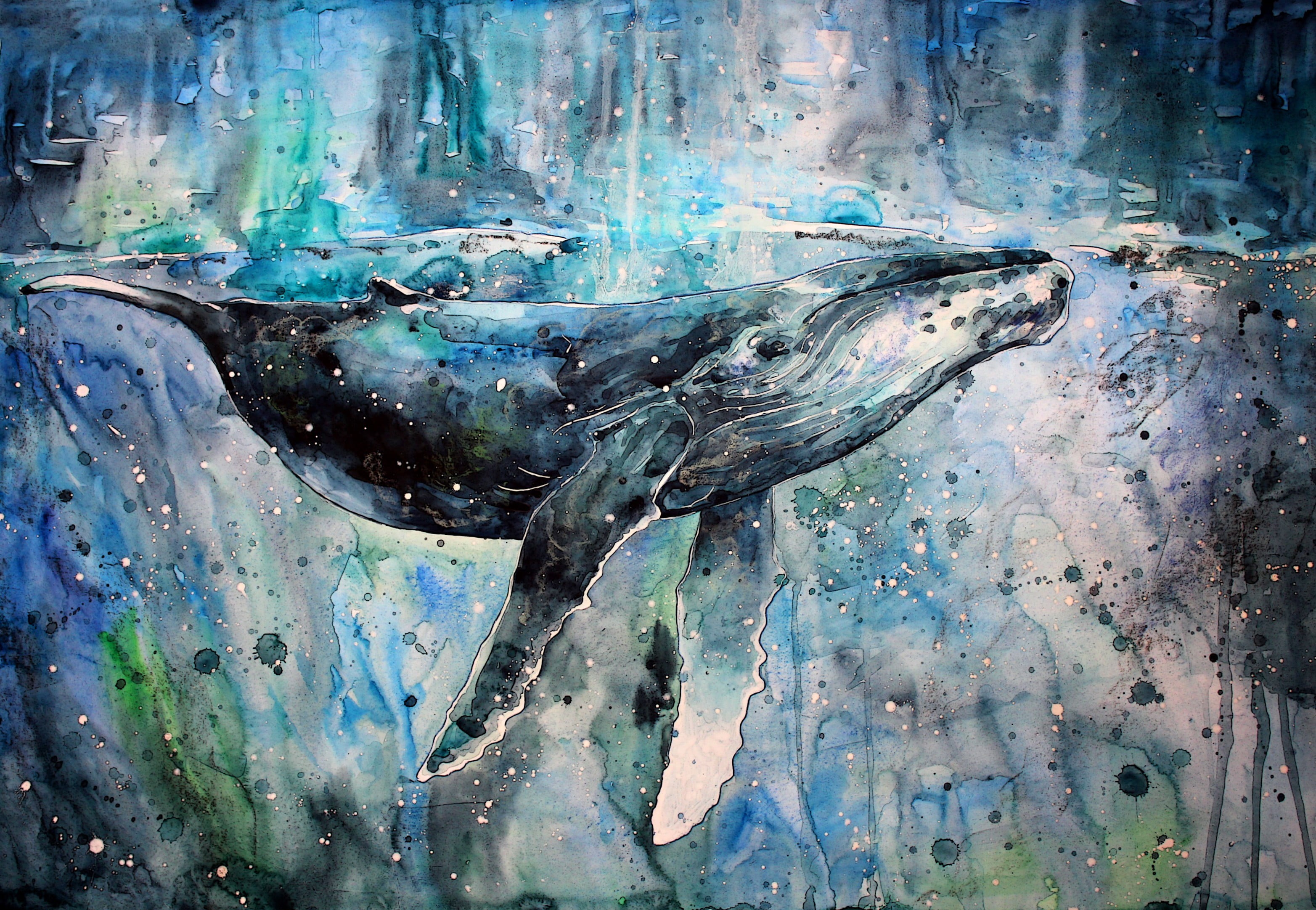 day, creativity, whale, humpback, artwork, underwater, water, textured, no people, 2K, fish, sea, art and craft, watercolor, paintings, vertebrate, close-up, HD Wallpaper