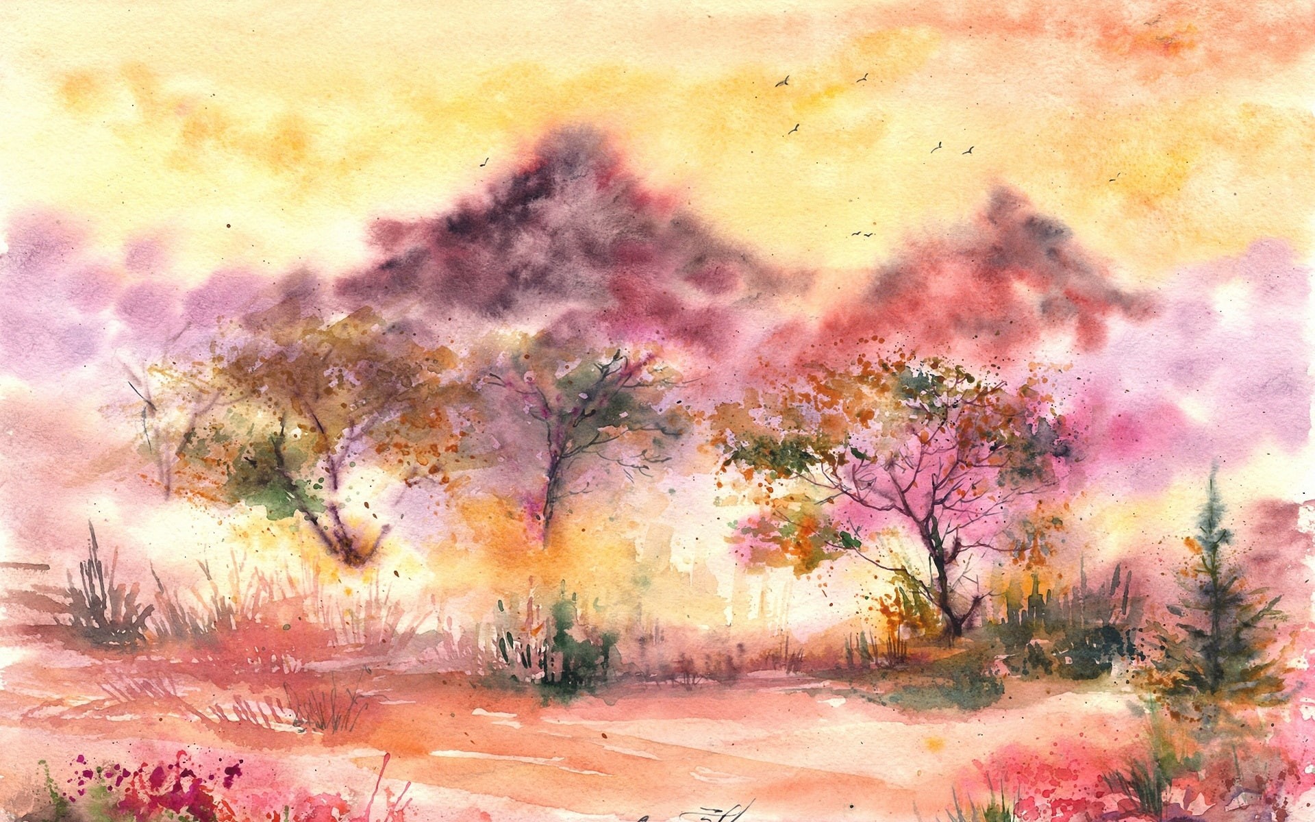 Grass, Landscape, Leaves, Birds, 1080P, Watercolor, Painting, Trees, HD Wallpaper