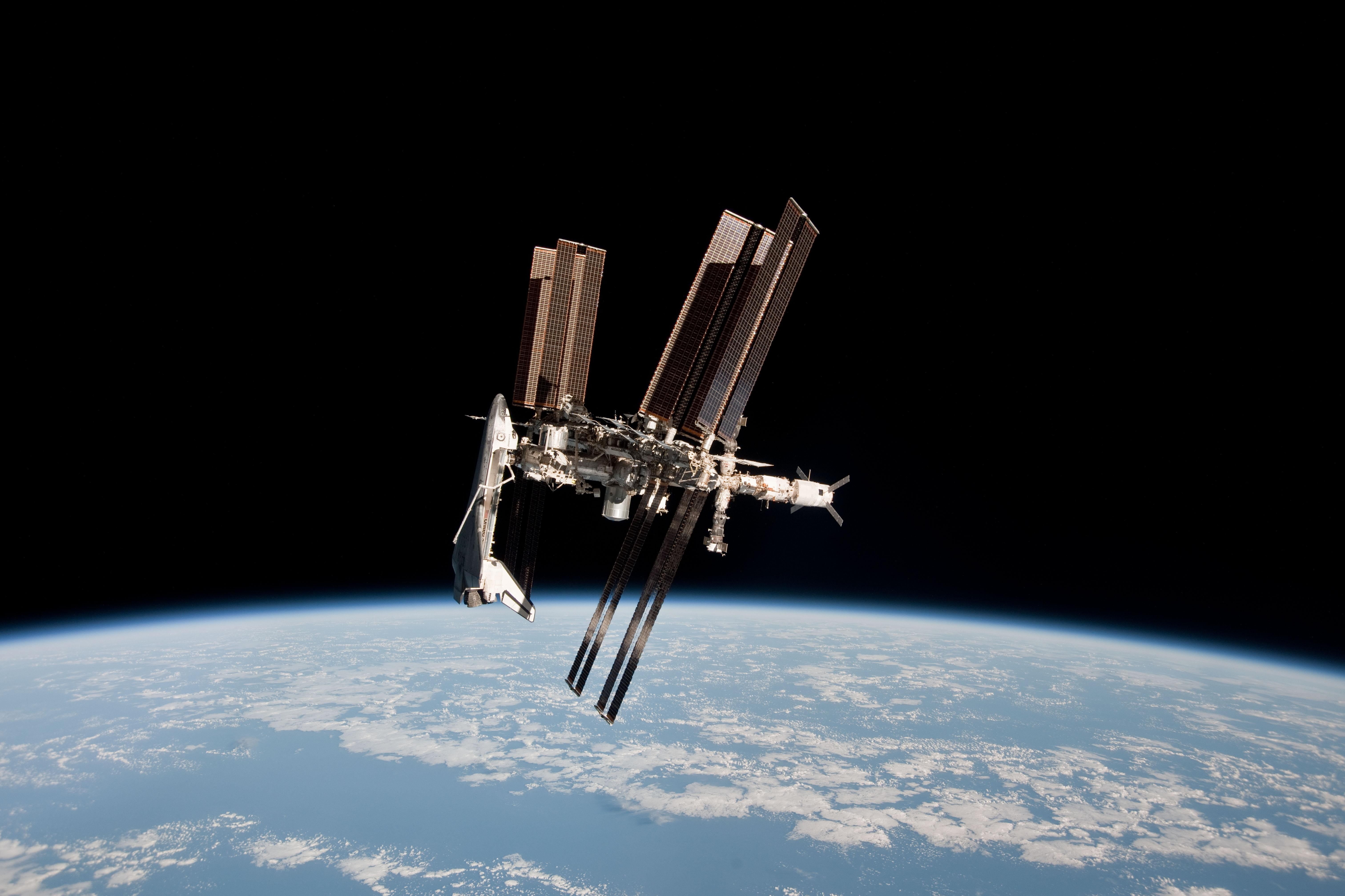 low angle view, space, satellite, technology, International Space Station, planet - space, airplane, ISS, Space Shuttle Endeavour, exploration, space shuttle, HD Wallpaper
