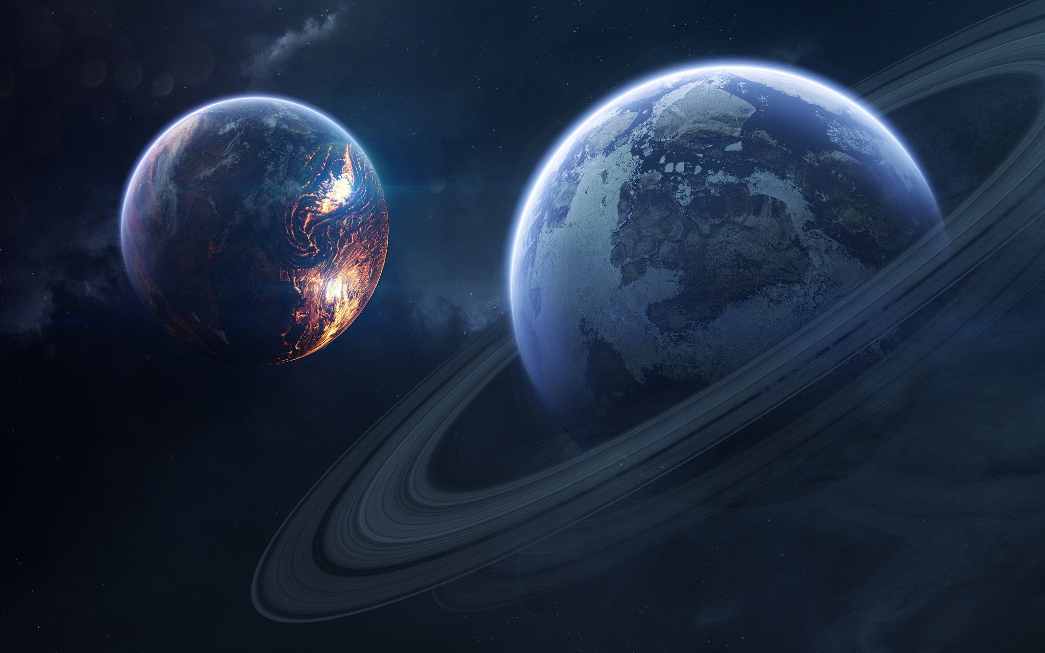 blue, night, Vadim Sadovski, globe - man made object, black background, two, sky, space, futuristic, illuminated, planet - space, no people, planet earth, HD Wallpaper