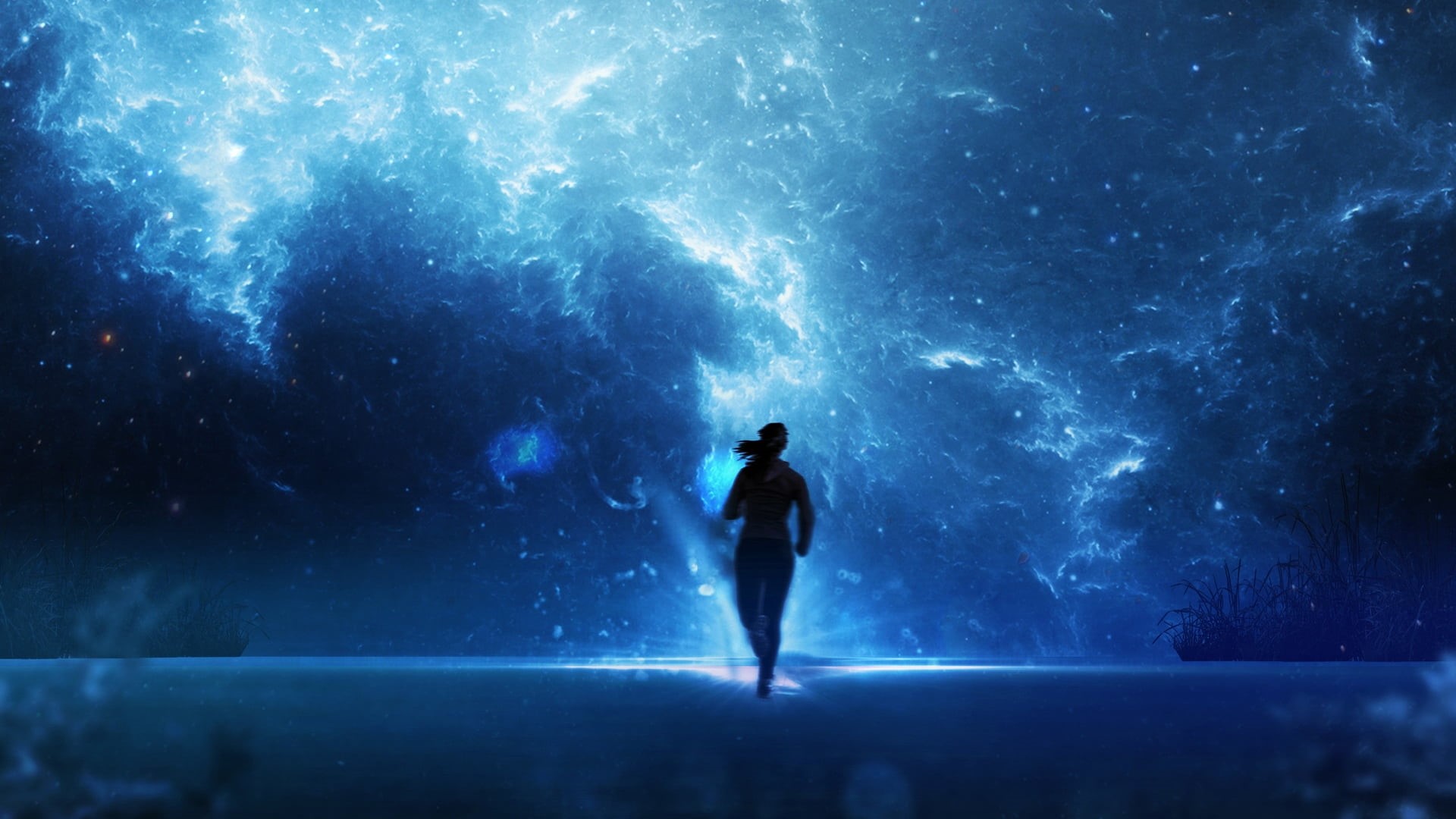 spacescapes, running, atmosphere, women, space art, space, 1080P, blue, outdoors, universe, women outdoors, digital art, silhouette, artwork, digital, HD Wallpaper