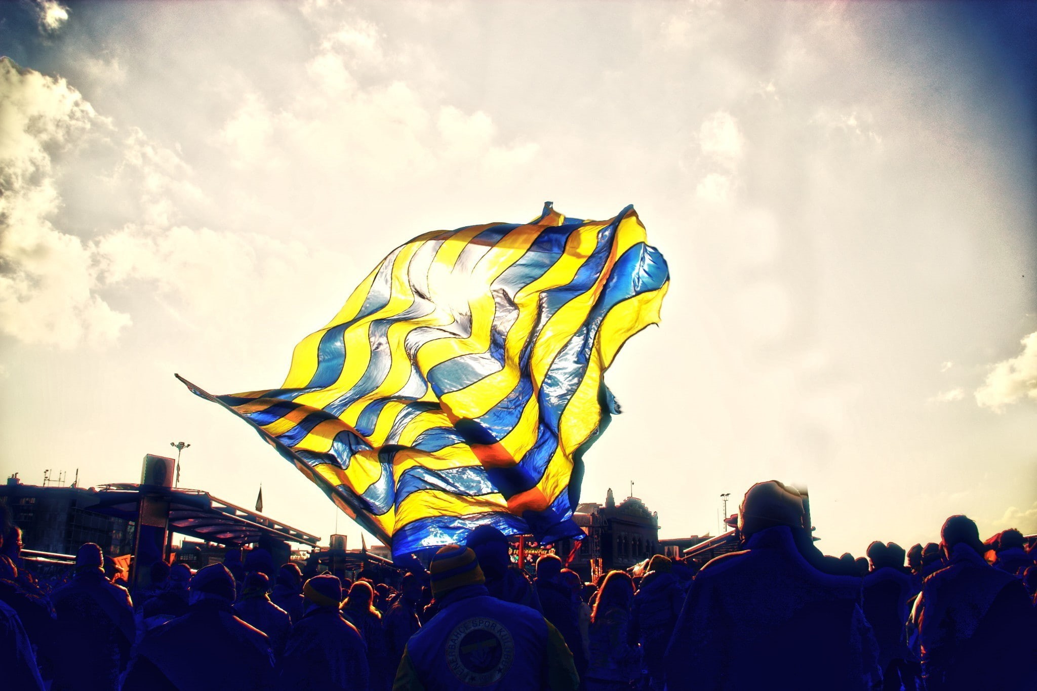 representation, fenerbahce soccer clubs sun rays, men, festival, outdoors, nature, cloud - sky, leisure activity, rear view, 1080P, yellow, women, music festival, HD Wallpaper