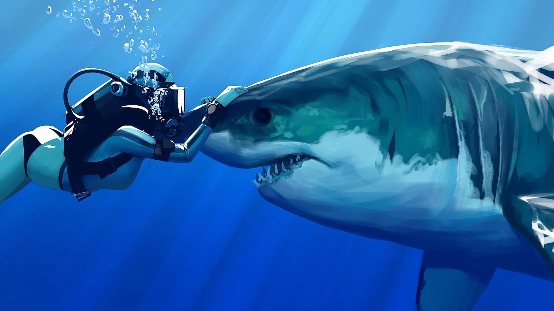 teeth, bubbles, divers, shark, Great White Shark, underwater, sun rays, digital art, drawing, 1080P, sea, women, blue, HD Wallpaper