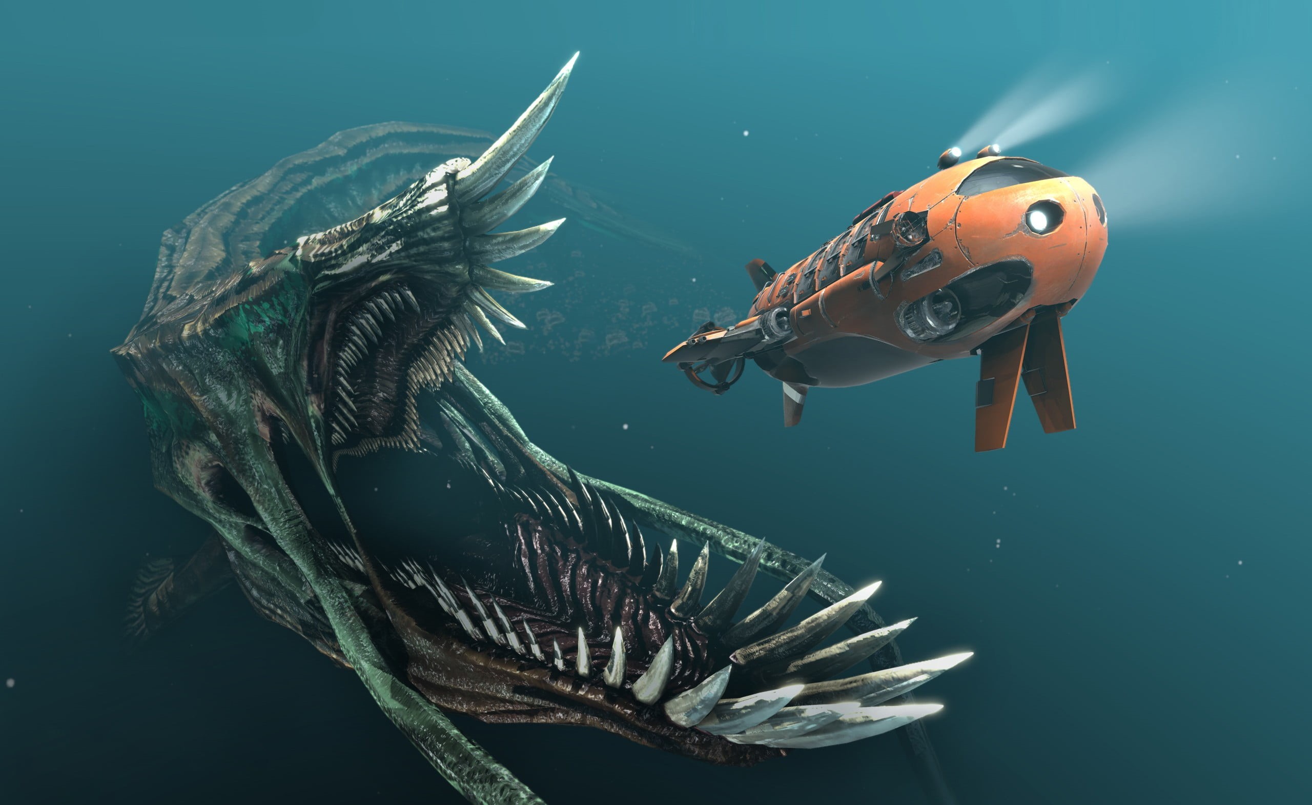 blue, drawing, orange, animals in the wild, fantasy art, animal wildlife, outdoors, submarine, nature, fish, underwater, animal themes, vertebrate, 2K, HD Wallpaper