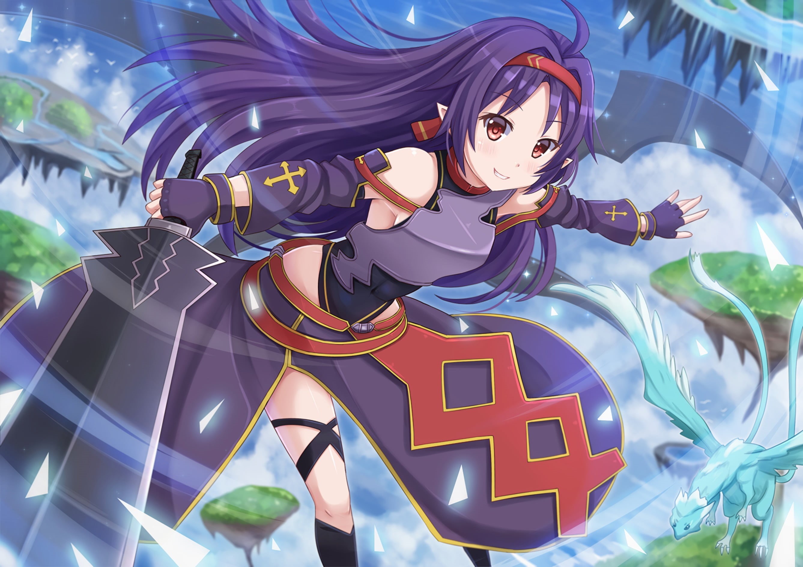 lifestyles, character, Konno Yuuki, leisure activity, people, sword, weapon, creativity, 2K, focus on foreground, amusement park, purple hair, representation, HD Wallpaper