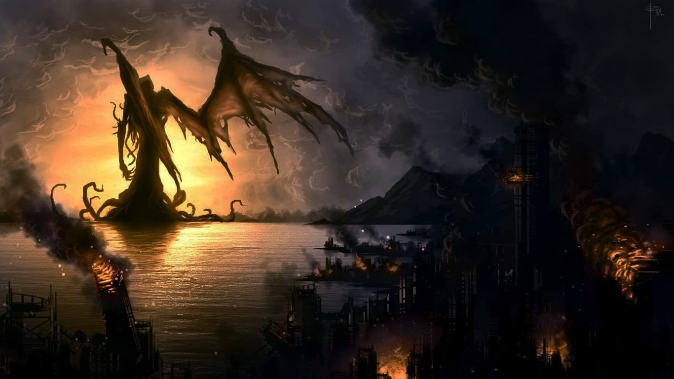 nature, Cthulhu, apocalyptic, tranquility, creature, illuminated, reflection, water, sunset, silhouette, Cthulu, scenics - nature, beauty in nature, 720P, HD Wallpaper