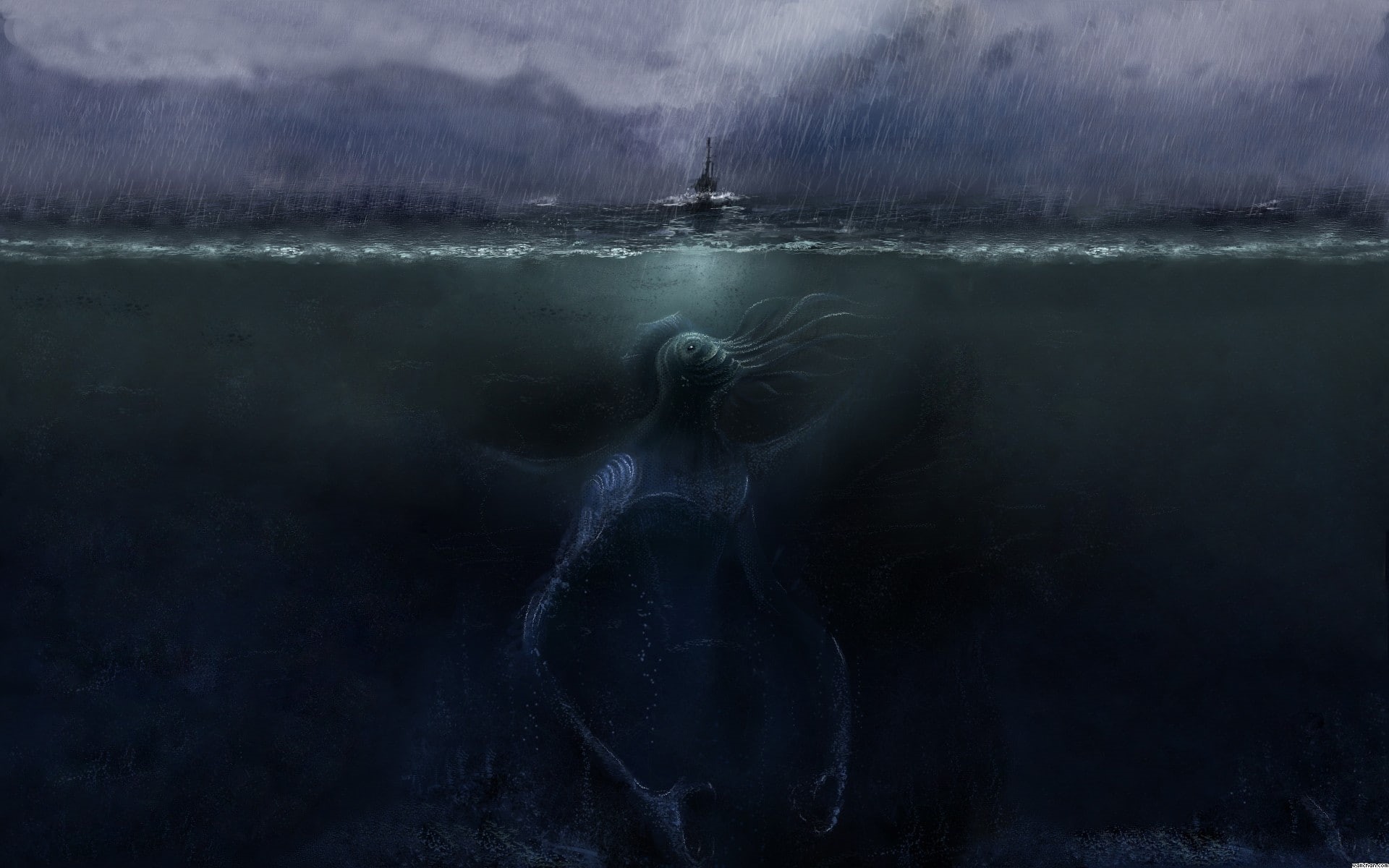 dark fantasy, Cthulhu, creature, fantasy art, underwater, 1080P, HD Wallpaper