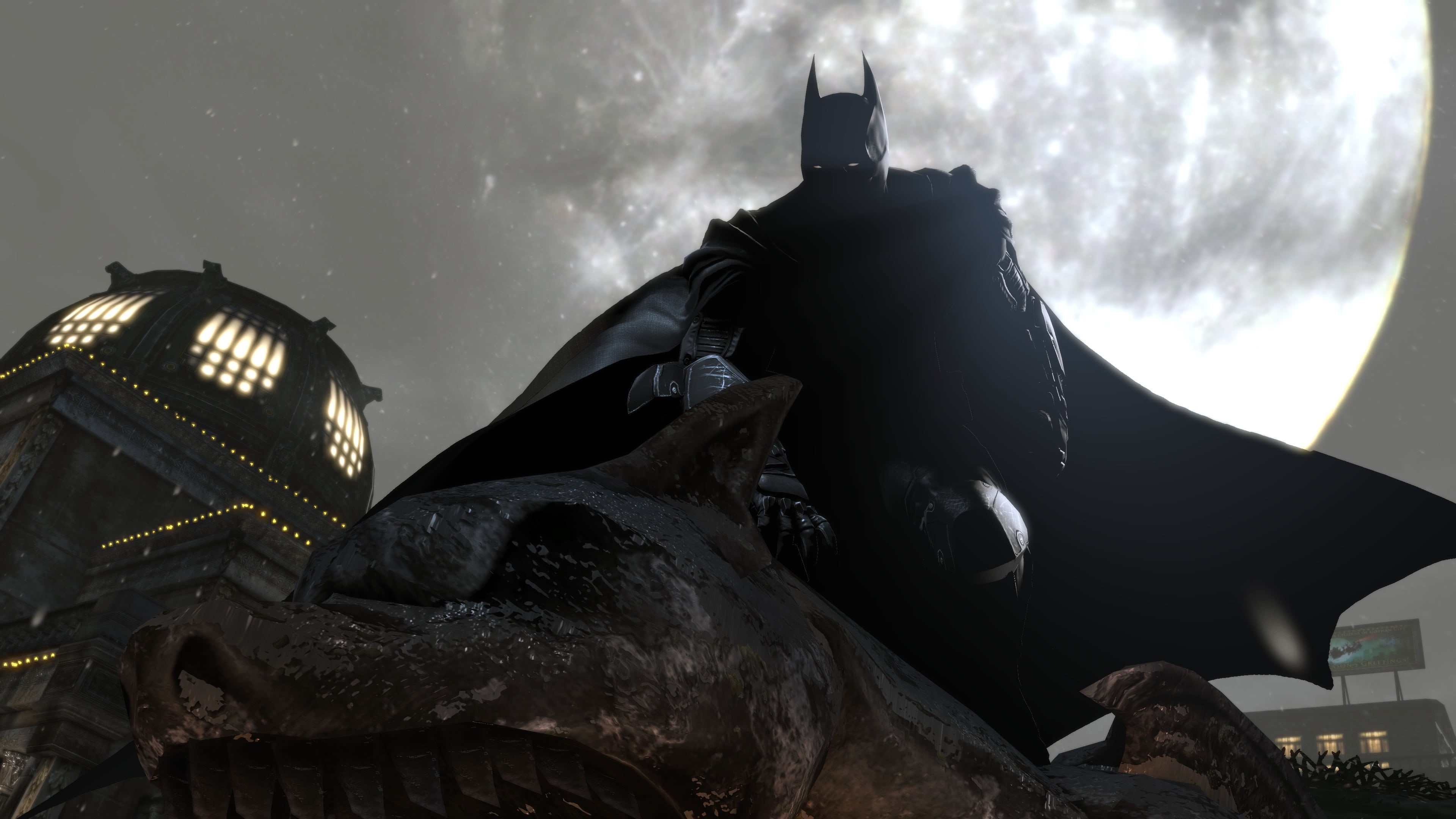rain, statue, video games, night, dc, low angle view, digital, built structure, Batman, comics, outdoors, cloud - sky, human representation, HD Wallpaper