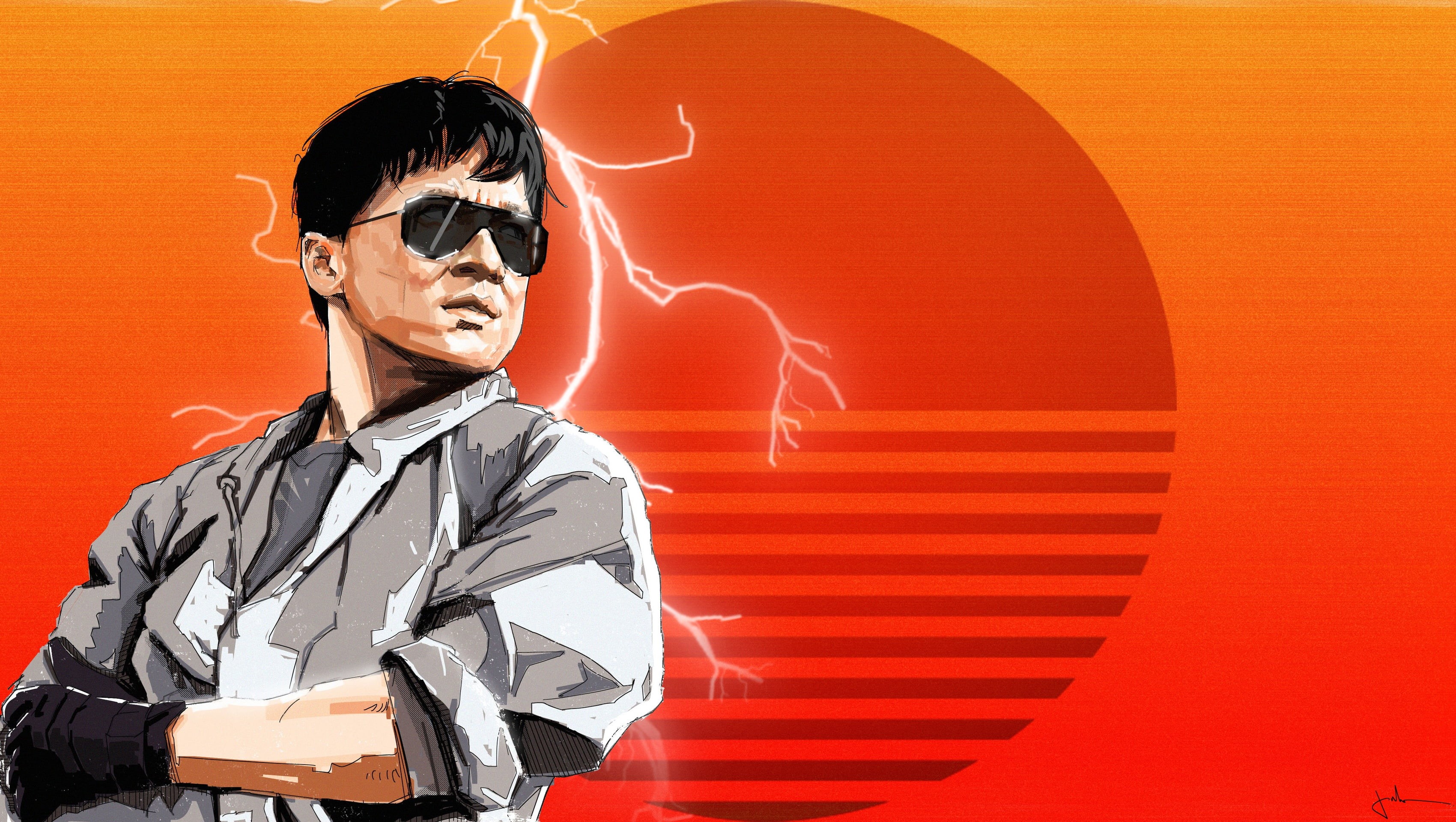 80s, Synthwave, Art, Jackie Chan, Retro, Fight to the top, Sergey Orlov, madeinkipish, Retrowave, by Sergey Orlov, Synth, 2K, HD Wallpaper