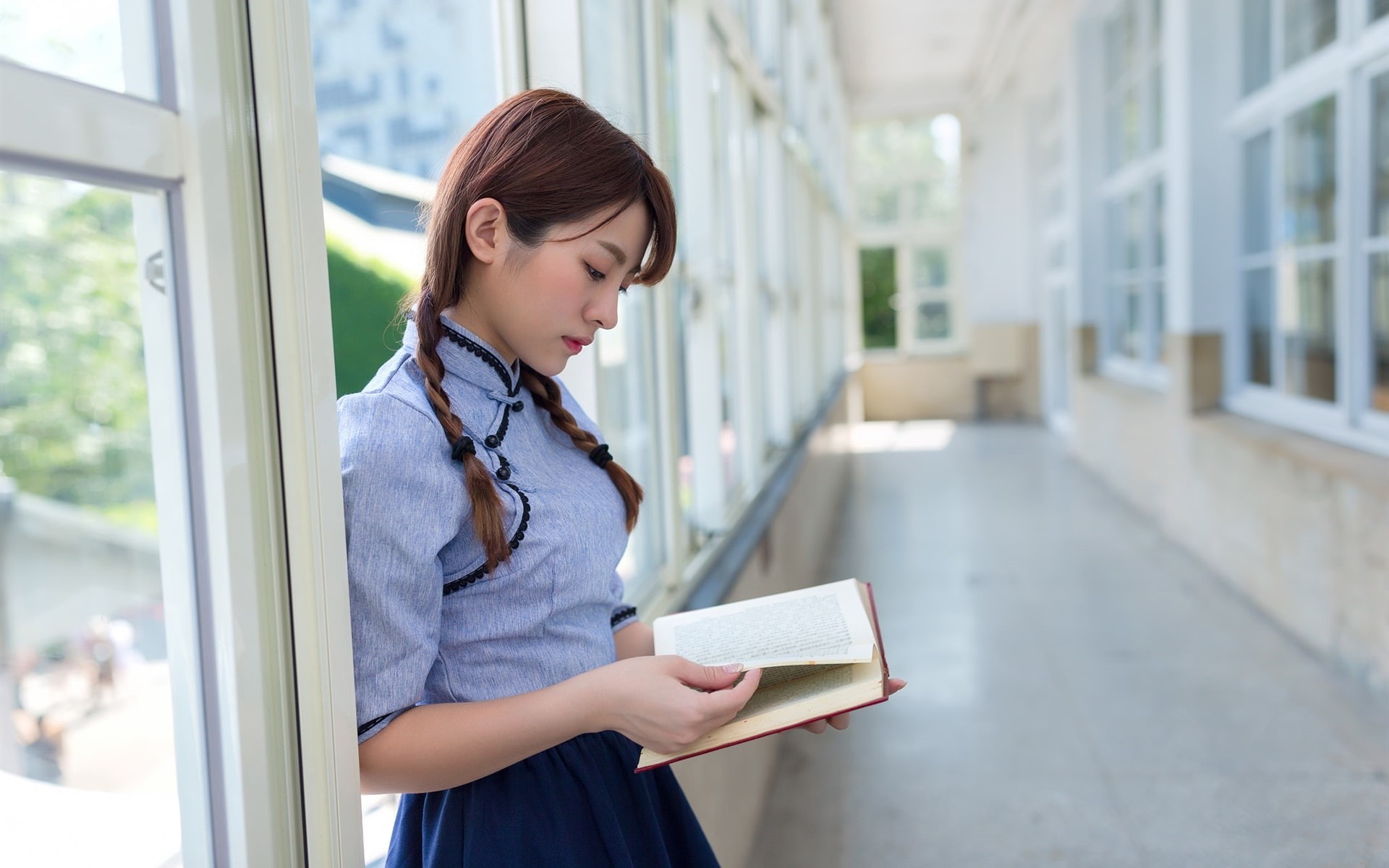 Girl, women, blue, Book, s, Asian, Retro, Reading, Beautiful, shirt, Style, 1080P, dressed, HD Wallpaper
