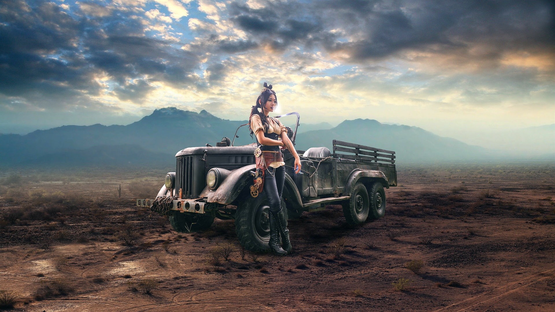 Steampunk, Retro, Girl, Cigarette, 1080P, Style, Car, HD Wallpaper