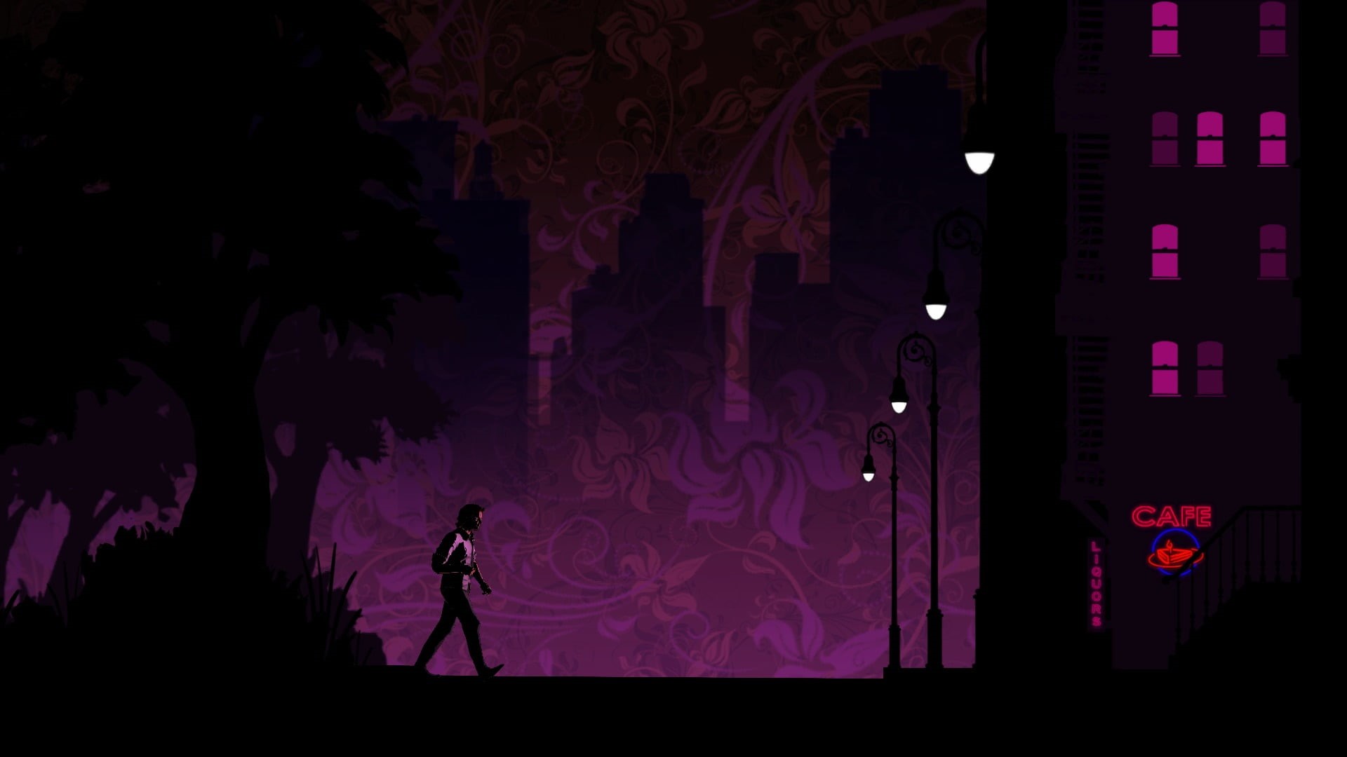 nightlife, tree, architecture, silhouette, outdoors, people, city, dark, standing, men, 1080P, illuminated, The Wolf Among Us, floral, black, women, real people, HD Wallpaper