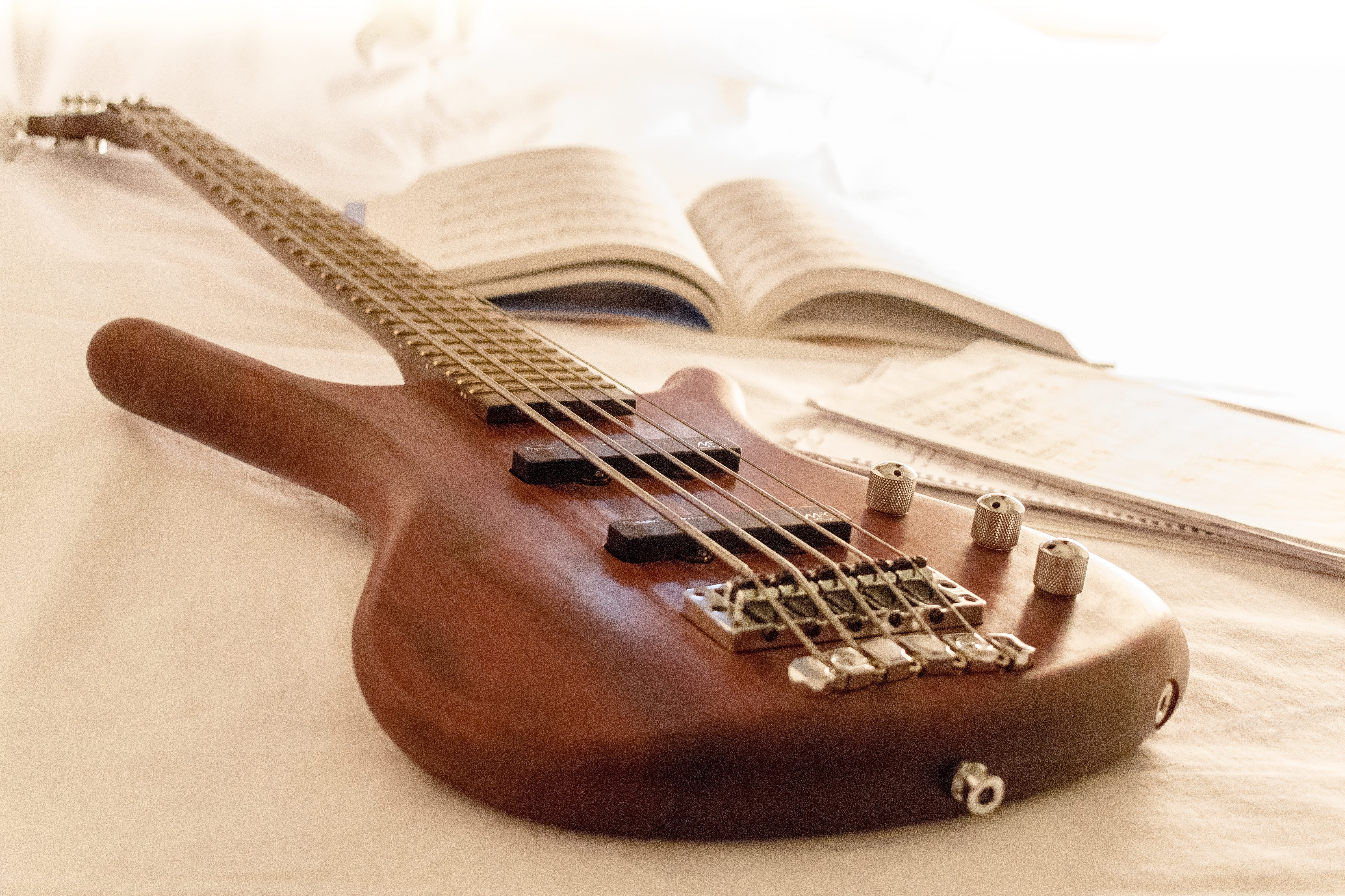 electric Guitar, jazz, musical equipment, beside, paper, skill, warwick, musical Instrument String, scene, string Instrument, selective focus, music, book, HD Wallpaper