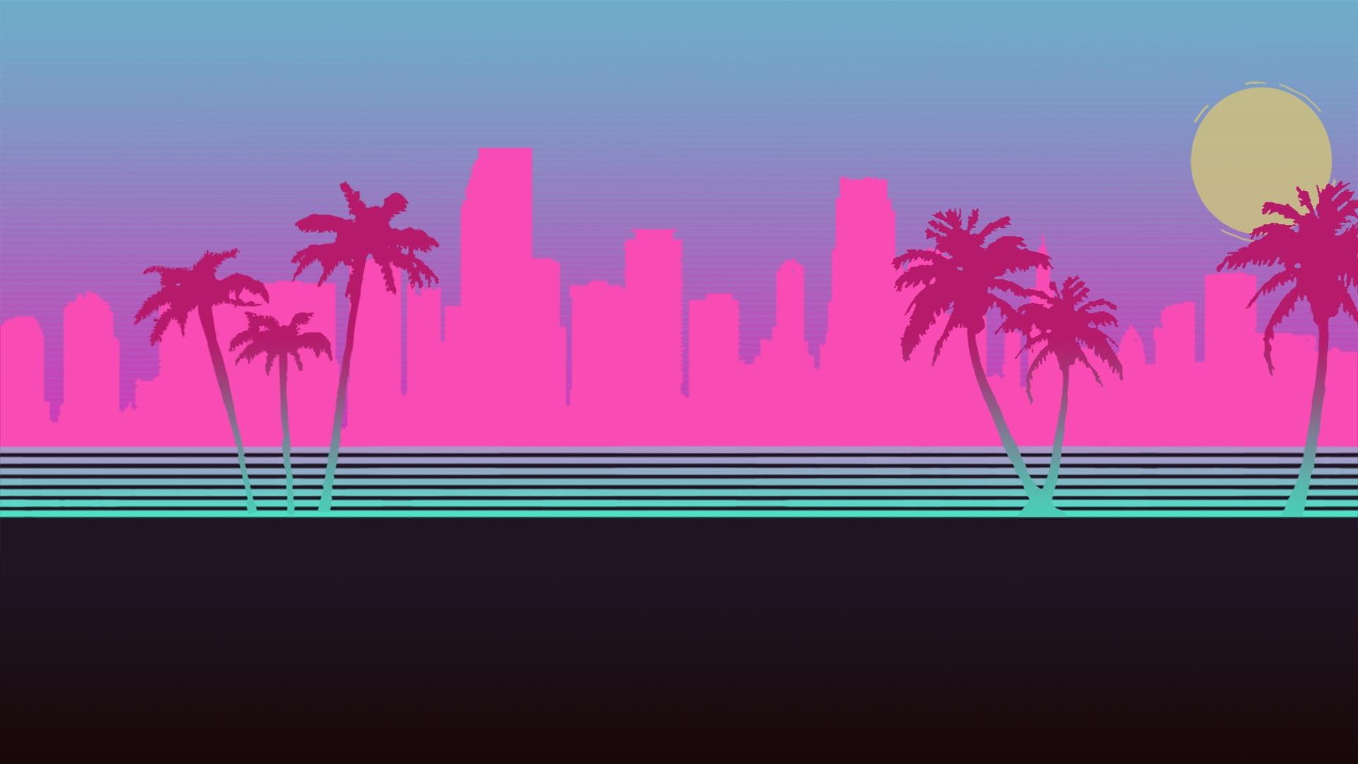 vaporwave, 1080P, palm trees, cityscape, HD Wallpaper