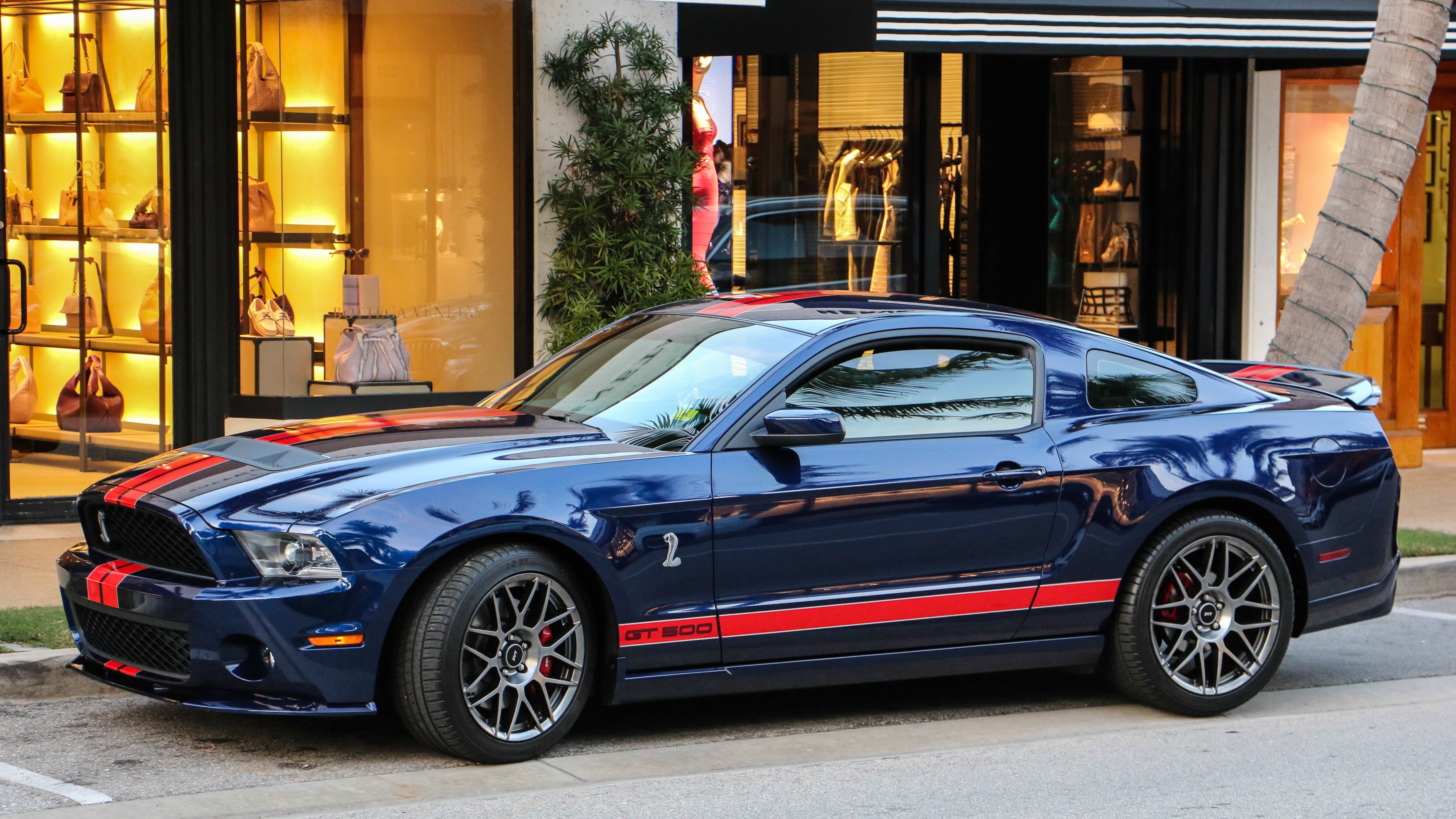 building exterior, gt500, vintage car, no people, day, building, street, city life, Ford Mustang, blue, built structure, architecture, Ford Mustang Shelby, HD Wallpaper