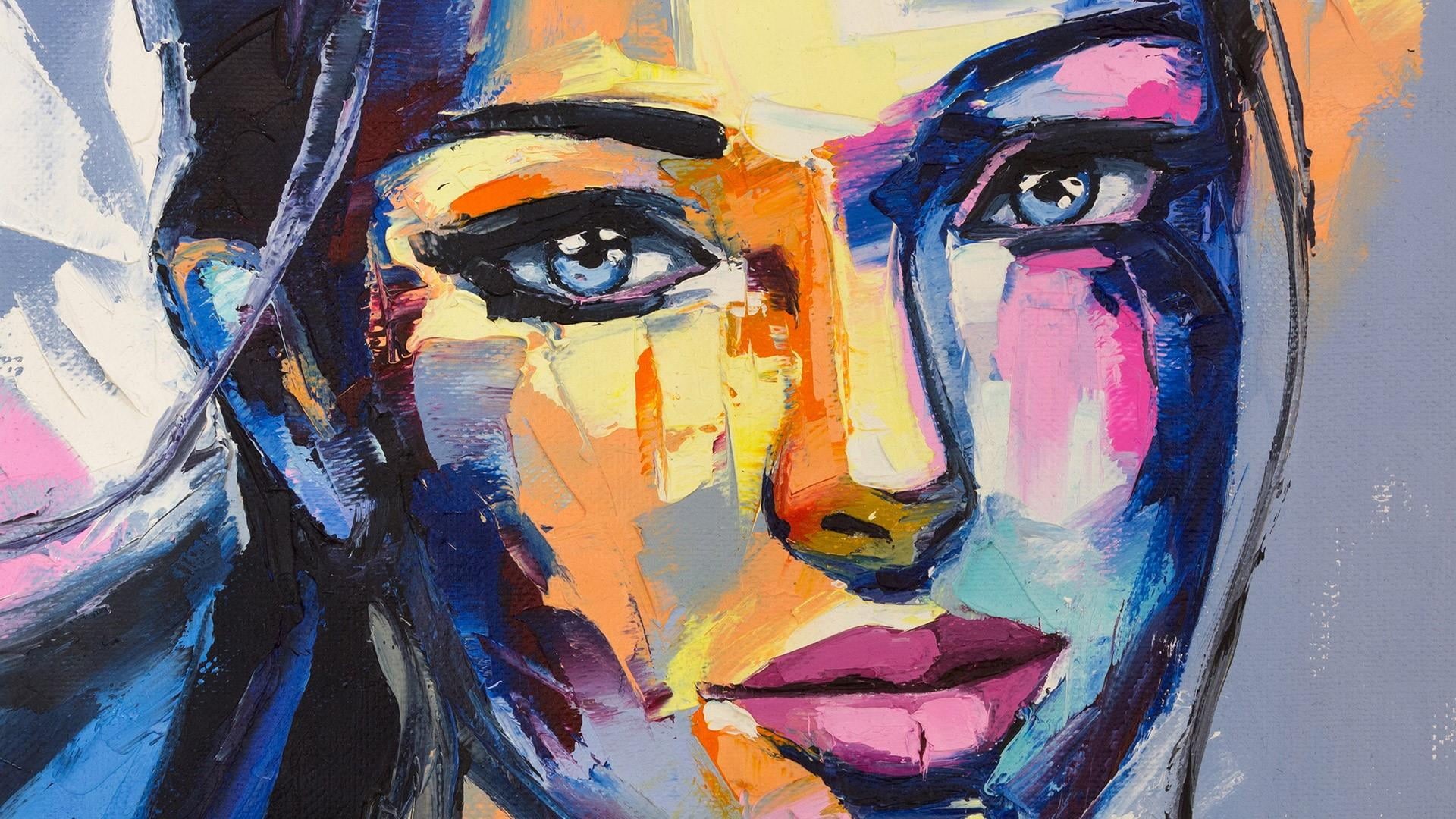 beautiful, oil, male likeness, colorful, woman, wall - building feature, multi colored, street art, craft, strokes, brush, human representation, blue eyes, HD Wallpaper
